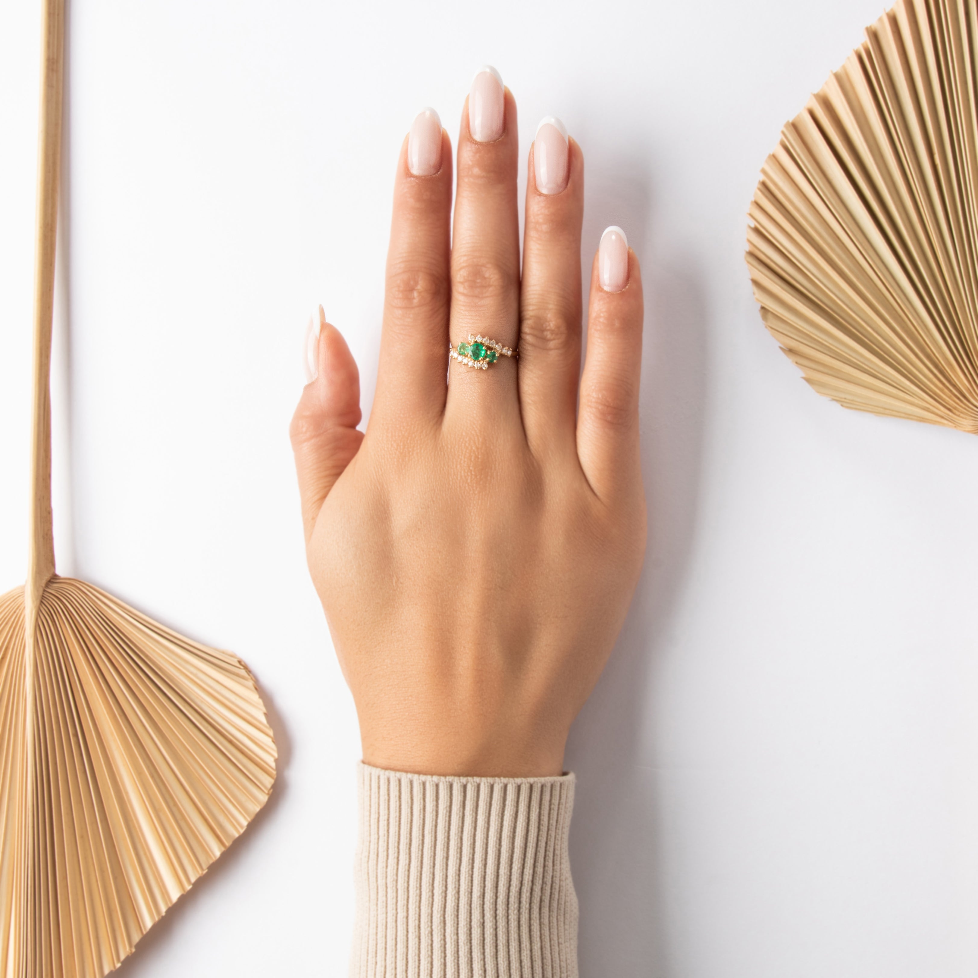 Vintage 14k Yellow Gold Emerald Diamond Bright Trio Bypass Ring - On model view