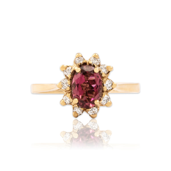 Vintage 14k Yellow Gold Pink Tourmaline Diamond Fabulous Oval Halo Ring 6.50