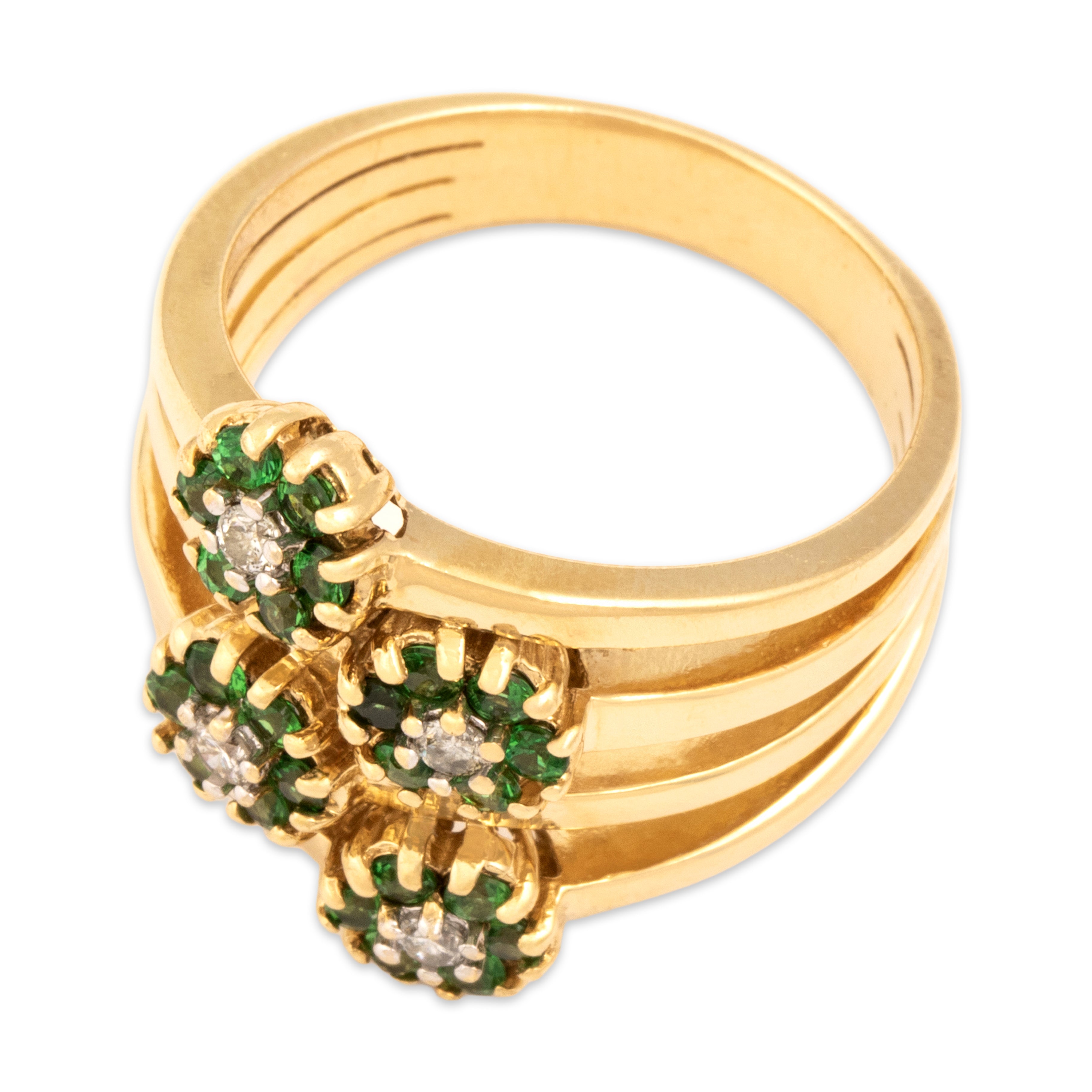 Estate Sonia B 14k Yellow Gold .54cttw Green Garnet Diamond Wide Floral Bouquet Ring - Overall view