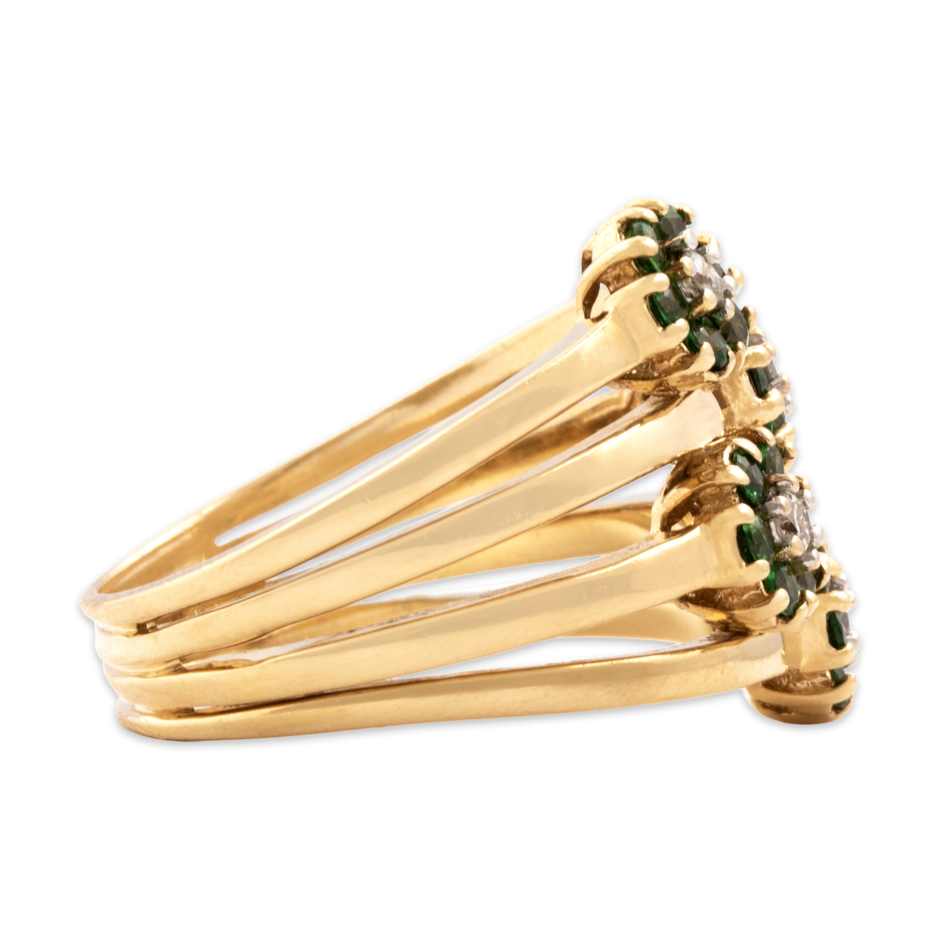 Estate Sonia B 14k Yellow Gold .54cttw Green Garnet Diamond Wide Floral Bouquet Ring - Side view
