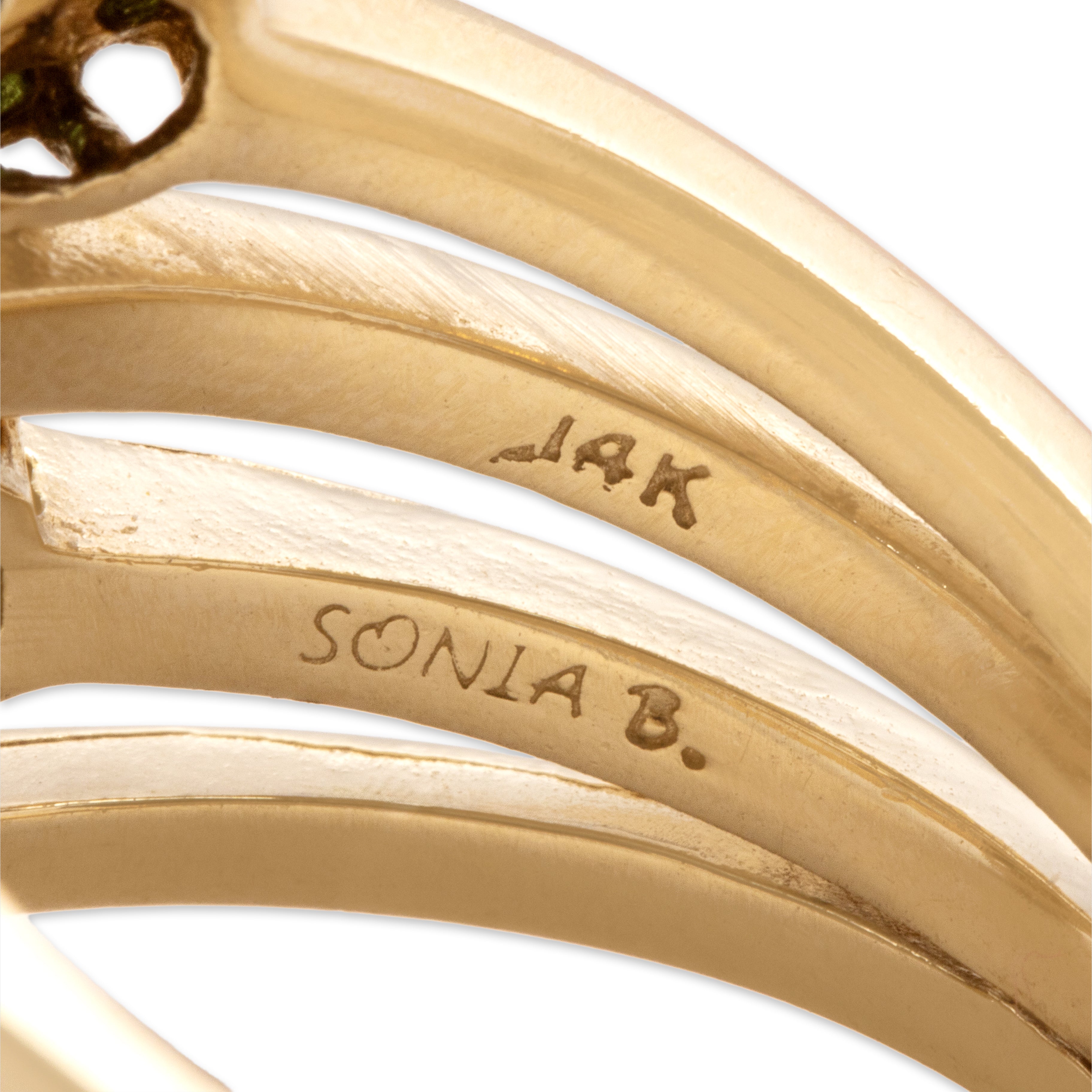 Estate Sonia B 14k Yellow Gold .54cttw Green Garnet Diamond Wide Floral Bouquet Ring - Hallmark view