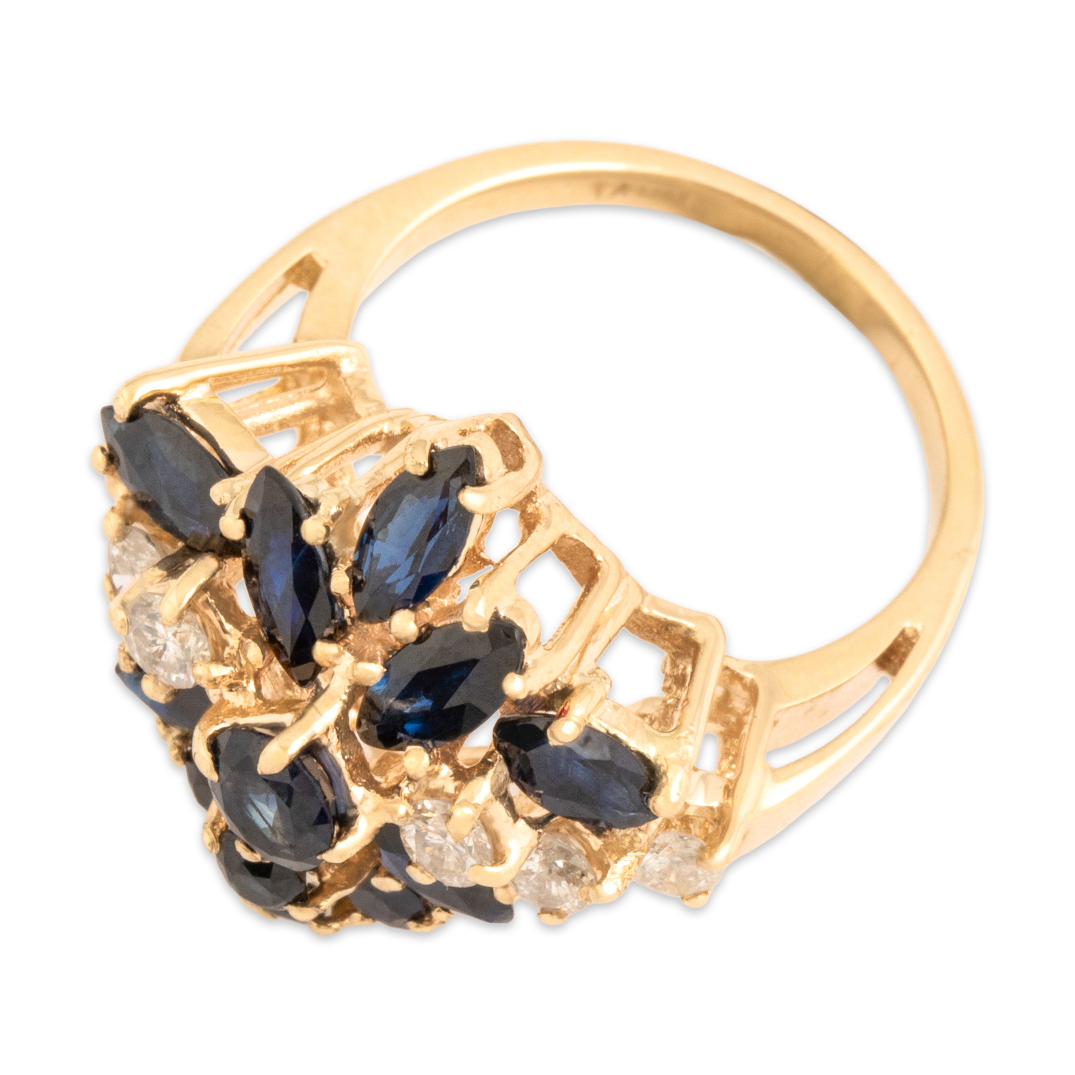 Vintage 14k Yellow Gold 2.07cttw Dark Blue Sapphire Diamond Shimmering Floral Cluster Ring - Overall view