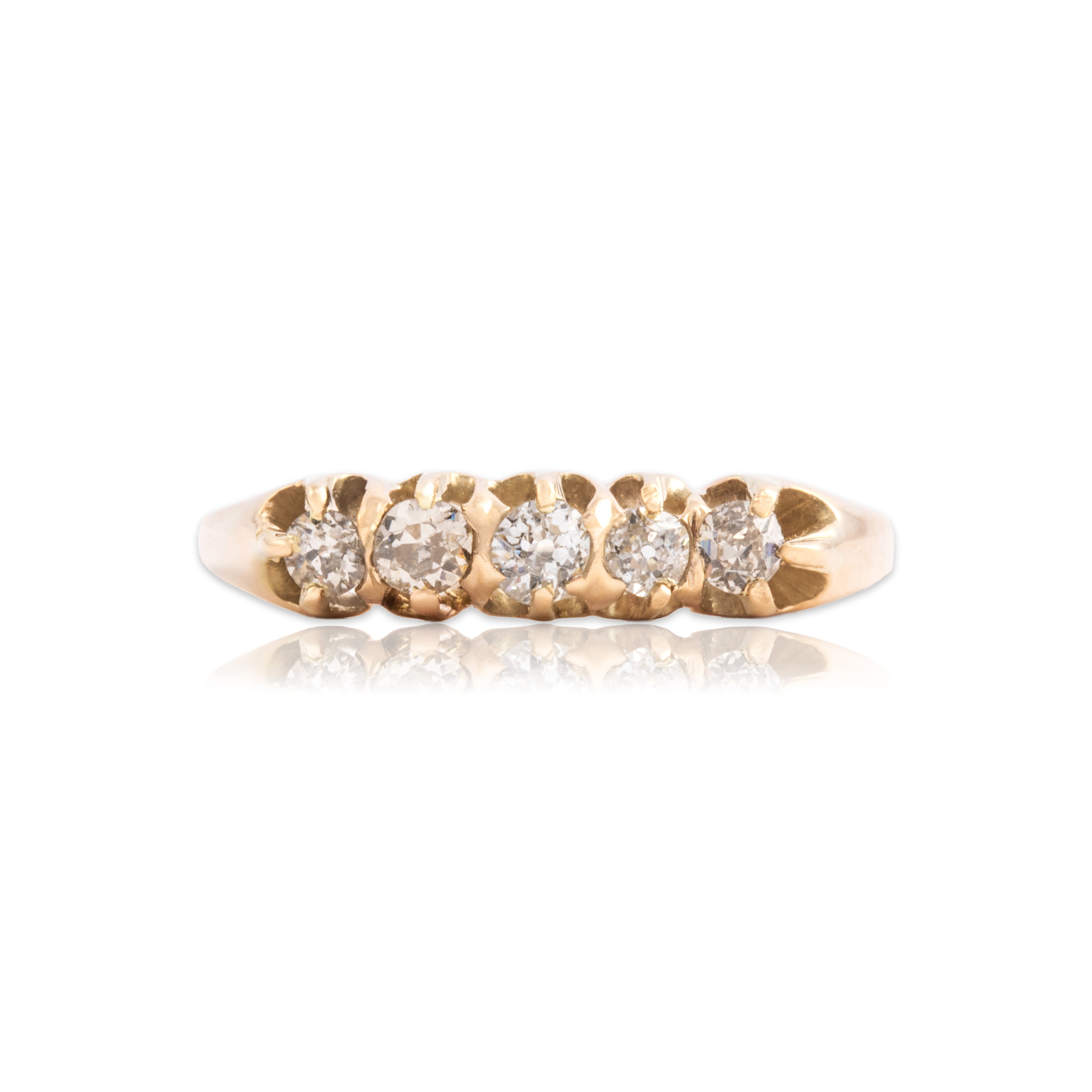 Antique 14k Yellow Gold Old Mine Cut Diamond Bright 5-Stone Buttercup Line Ring - Close-up view