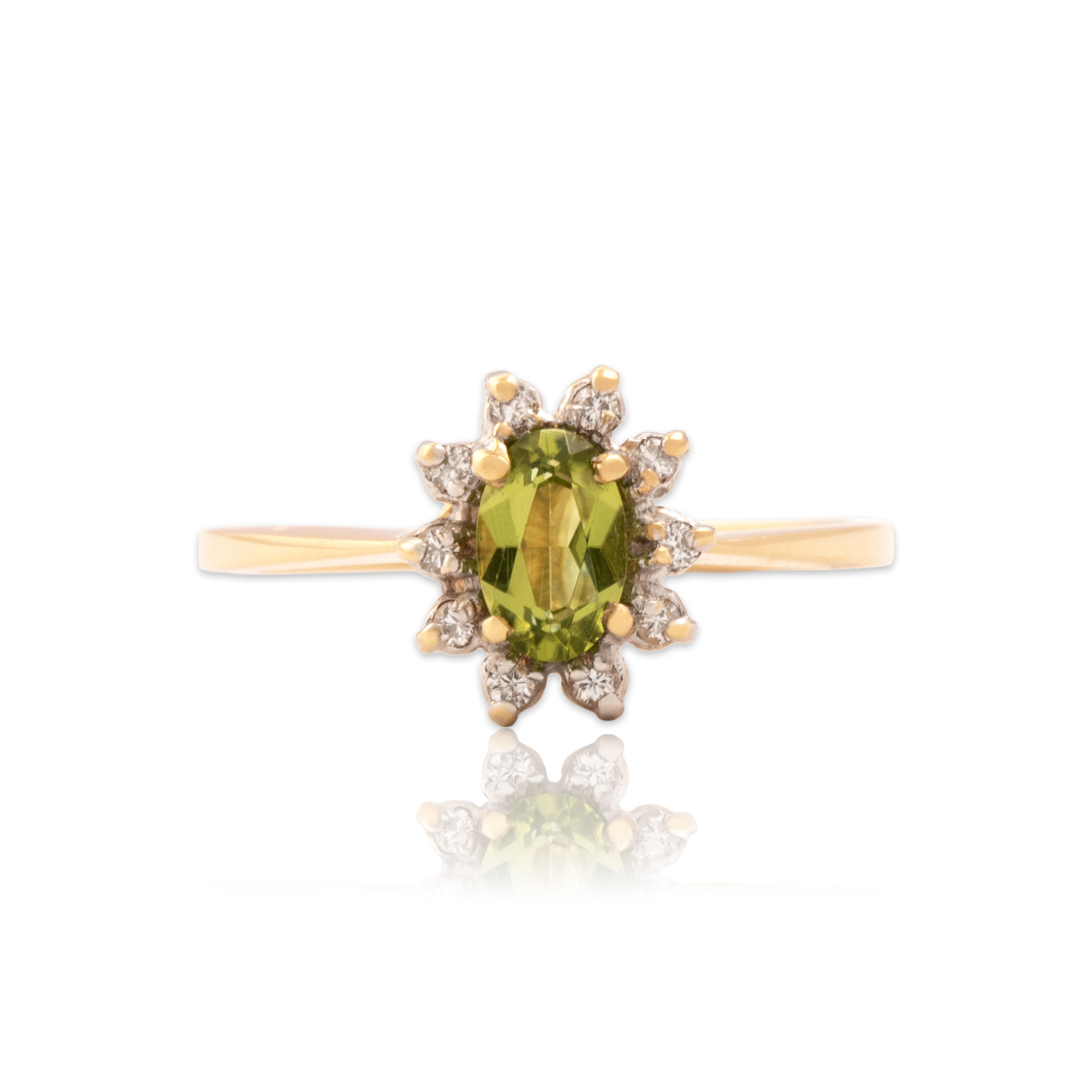 Vintage 14k Yellow Gold Peridot Diamond Dainty Halo Ring - Close-up view