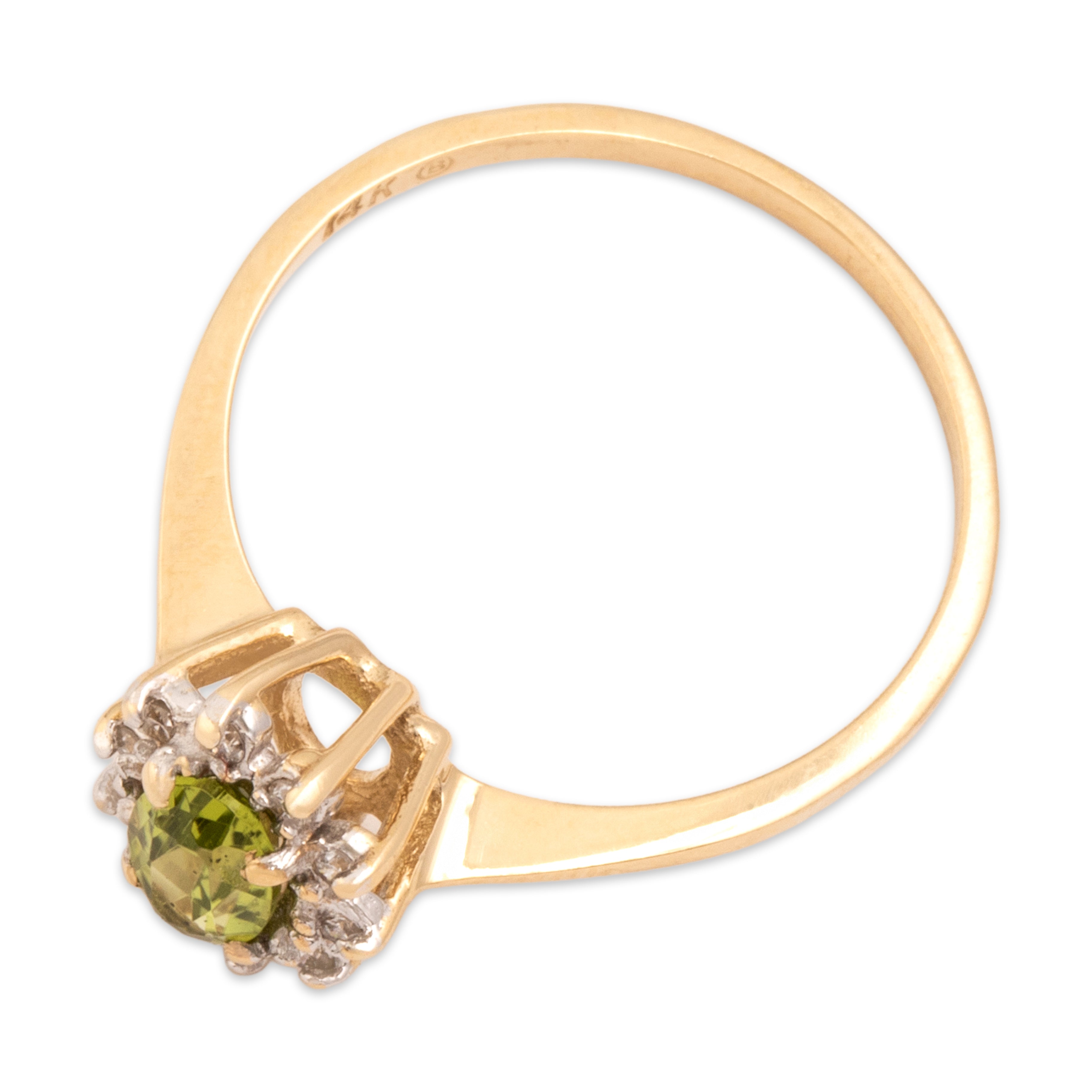Vintage 14k Yellow Gold Peridot Diamond Dainty Halo Ring - Overall view
