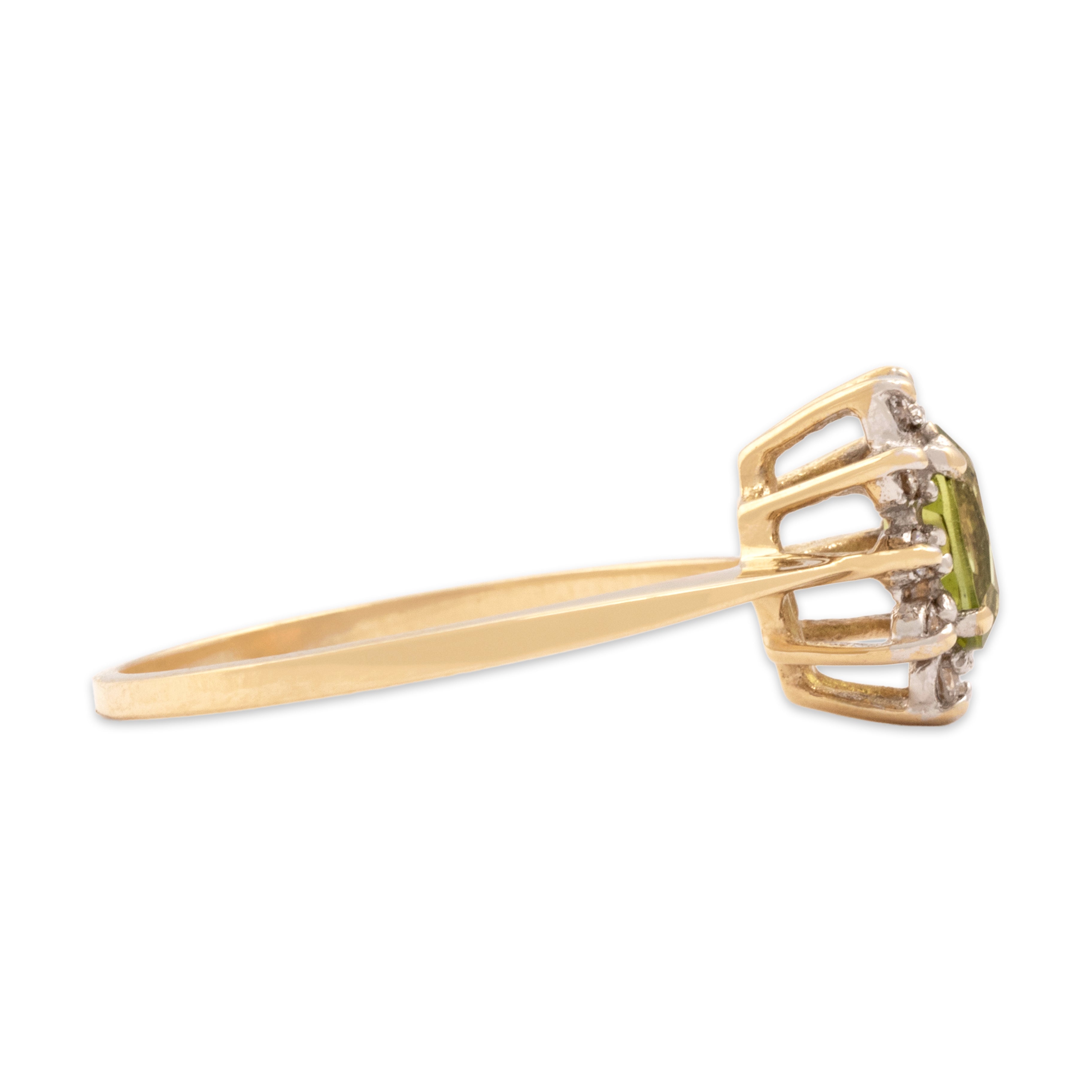 Vintage 14k Yellow Gold Peridot Diamond Dainty Halo Ring - Side view