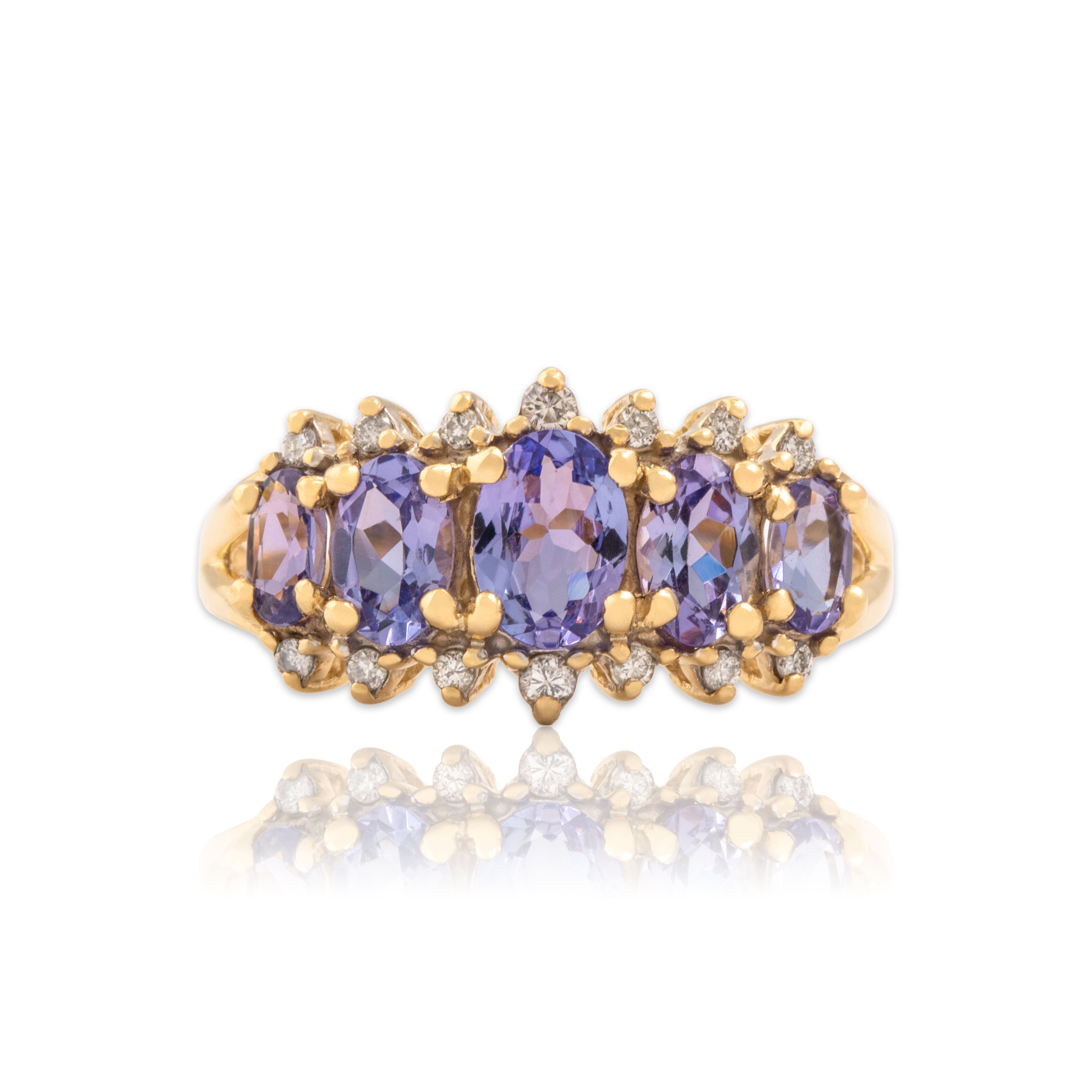 Vintage 14k Yellow Gold 1.8cttw Tanzanite Diamond Pretty Oval Line Ring 9.50