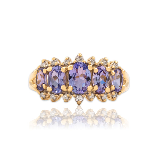 Vintage 14k Yellow Gold 1.8cttw Tanzanite Diamond Pretty Oval Line Ring 9.50
