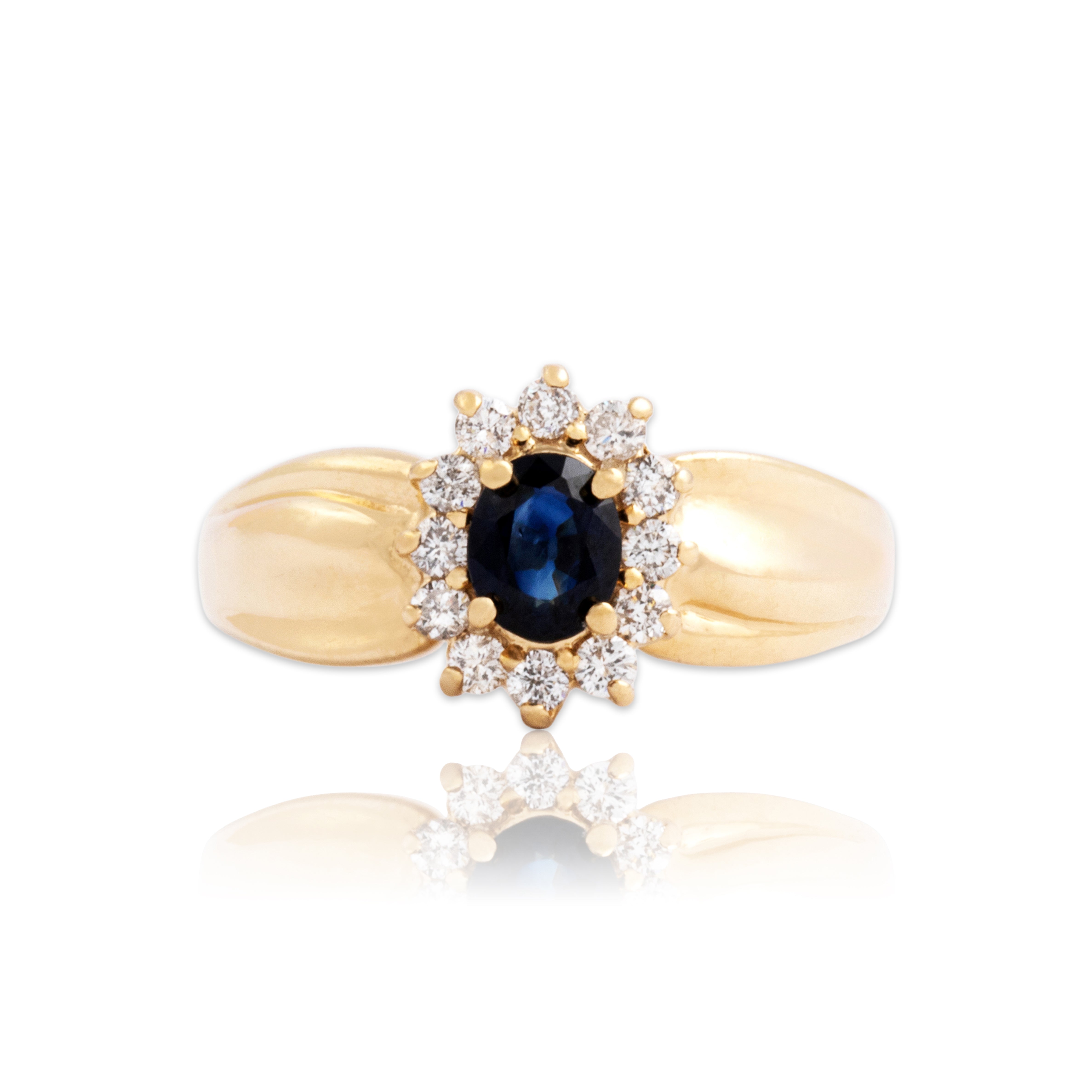 Vintage 14k Yellow Gold Blue Sapphire Diamond Elegant Oval Halo Wide Shoulder Ring - Close-up view
