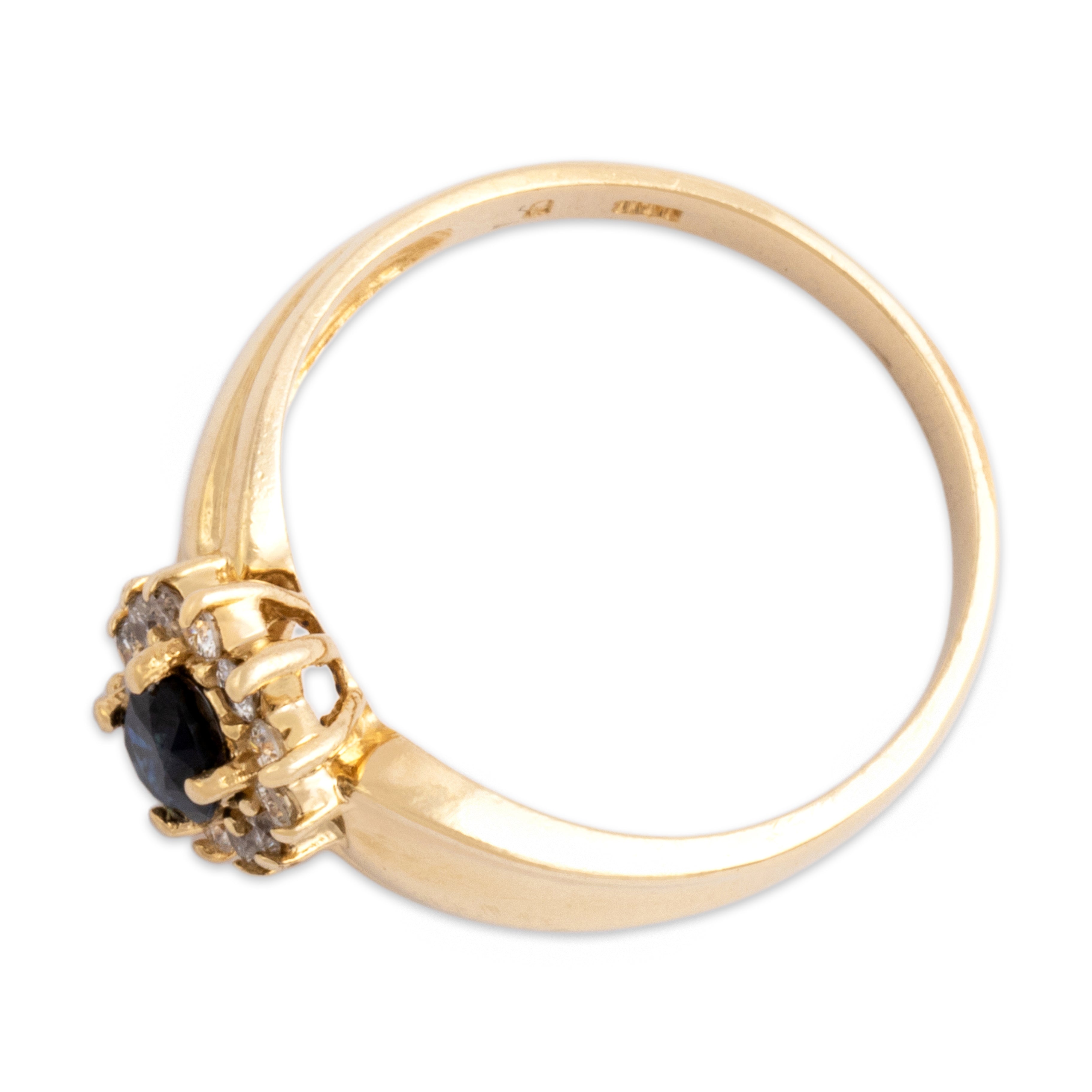Vintage 14k Yellow Gold Blue Sapphire Diamond Elegant Oval Halo Wide Shoulder Ring - Overall view