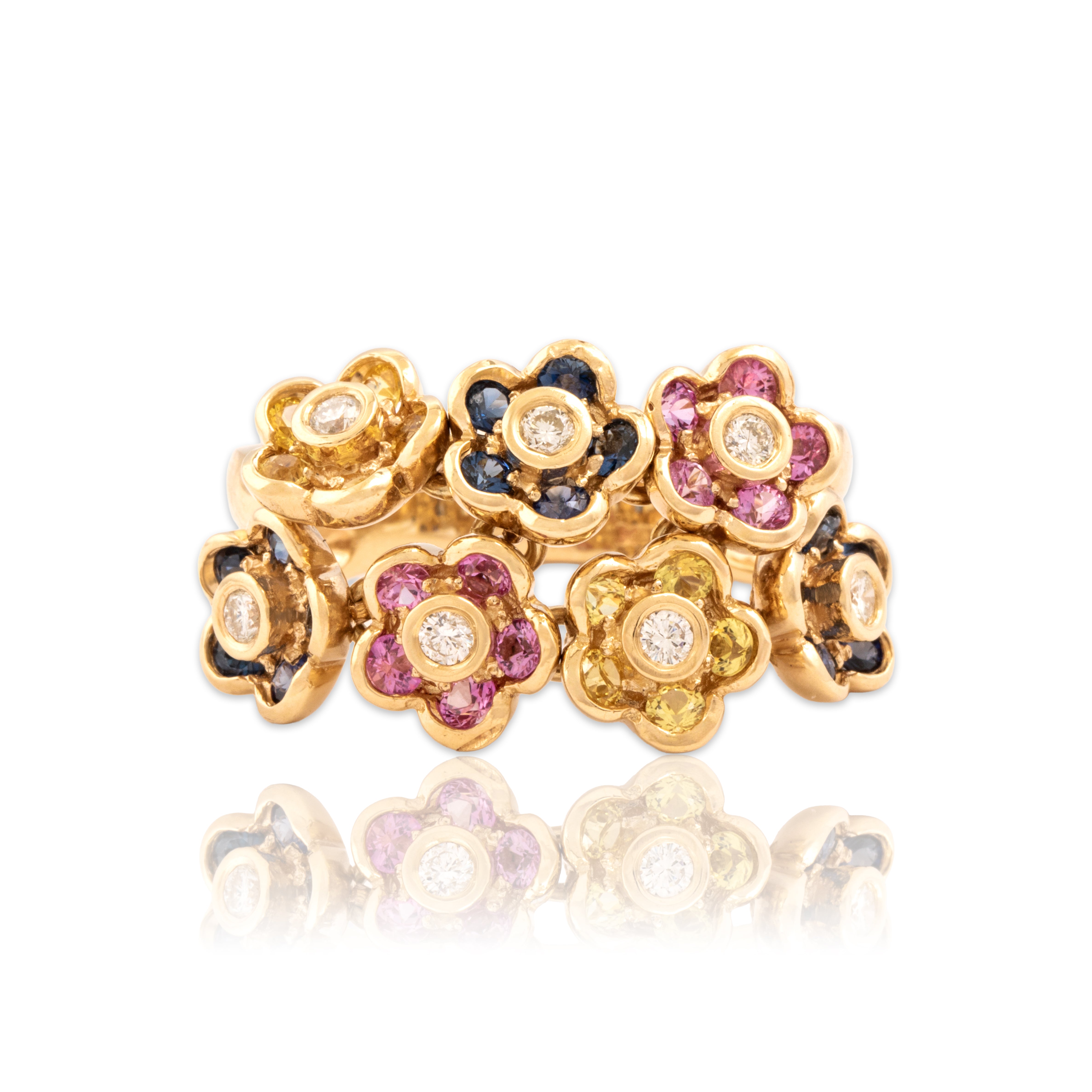 Estate Sonia B 14k Yellow Gold 1.22cttw Multi-Color Sapphire Diamond Playful Articulated Flower Field Ring - Close-up view