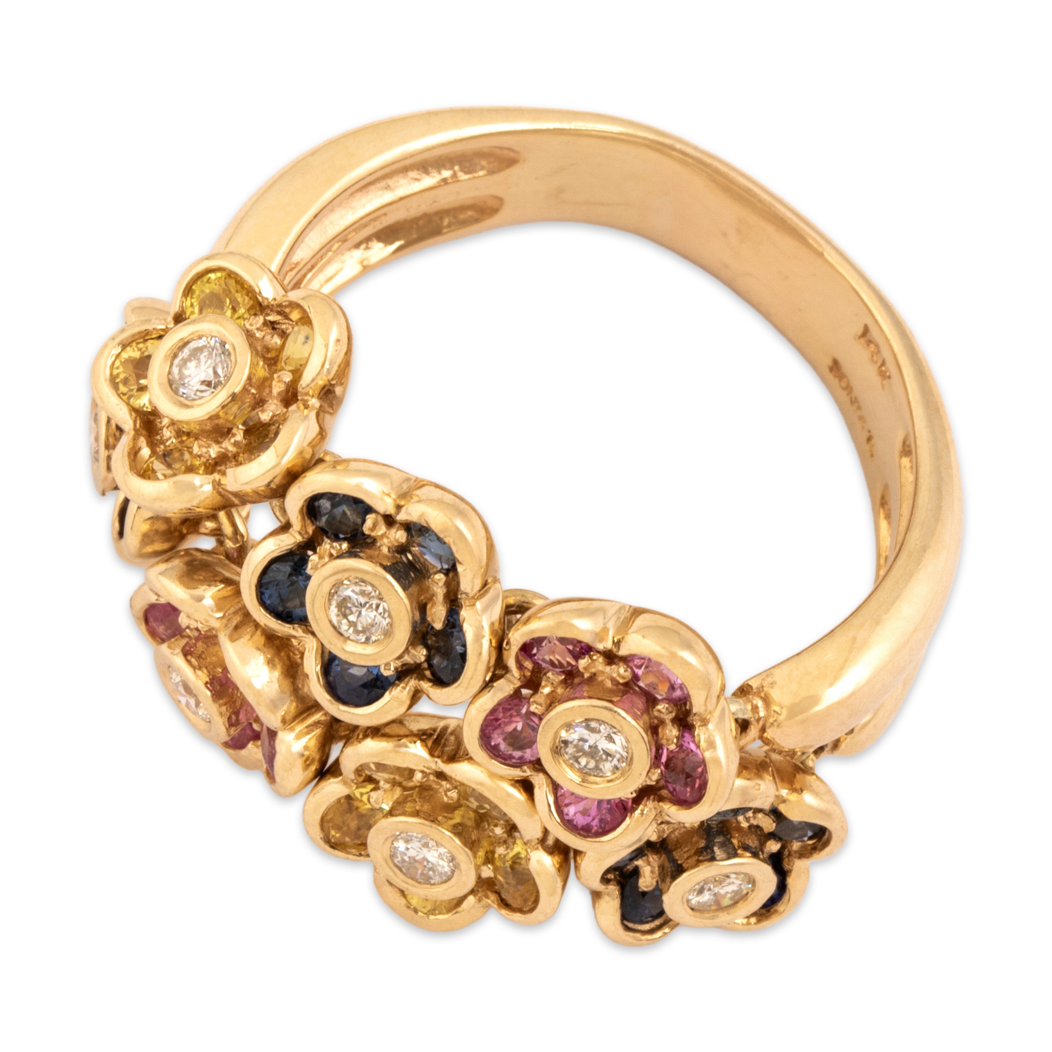 Estate Sonia B 14k Yellow Gold 1.22cttw Multi-Color Sapphire Diamond Playful Articulated Flower Field Ring - Overall view