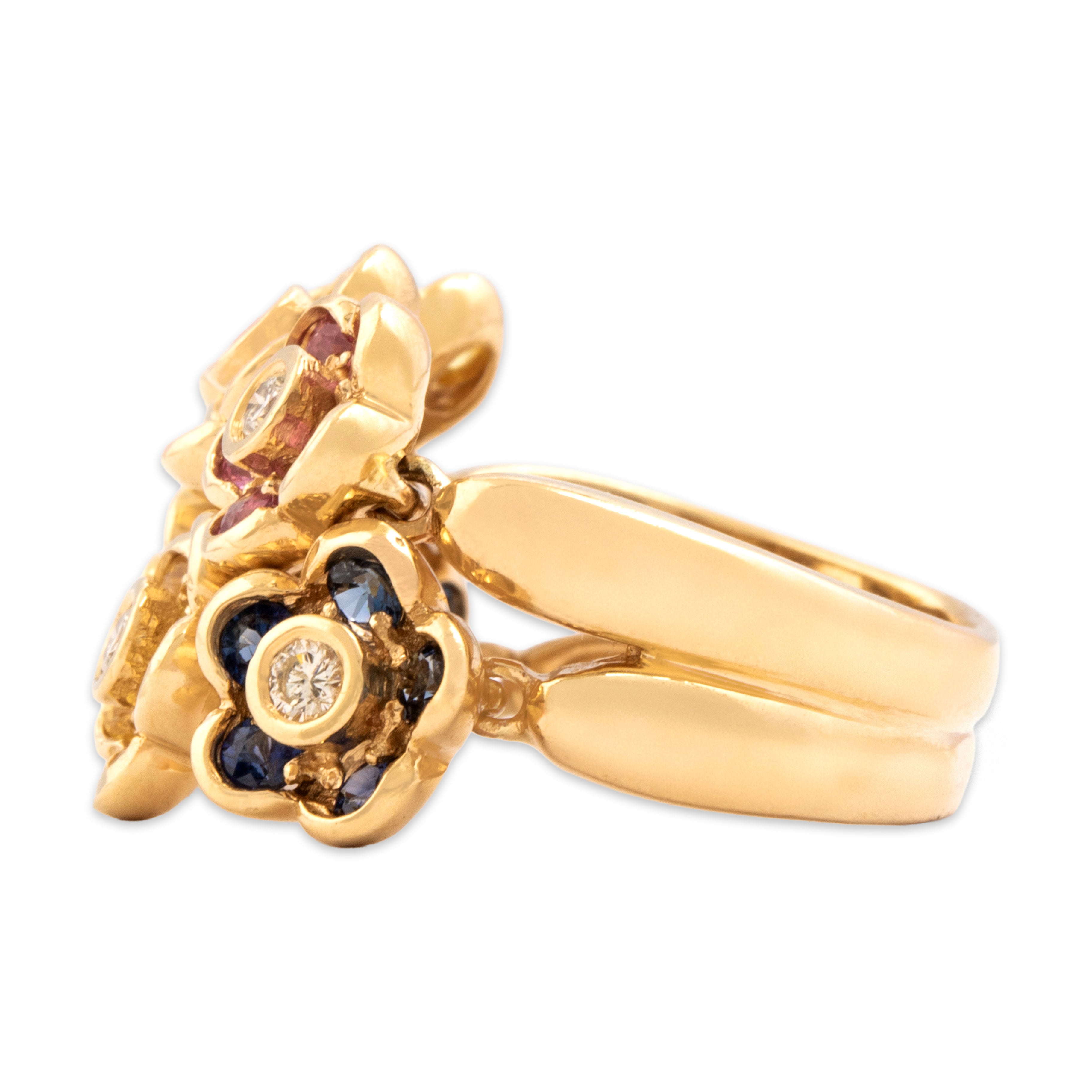 Estate Sonia B 14k Yellow Gold 1.22cttw Multi-Color Sapphire Diamond Playful Articulated Flower Field Ring - Side view