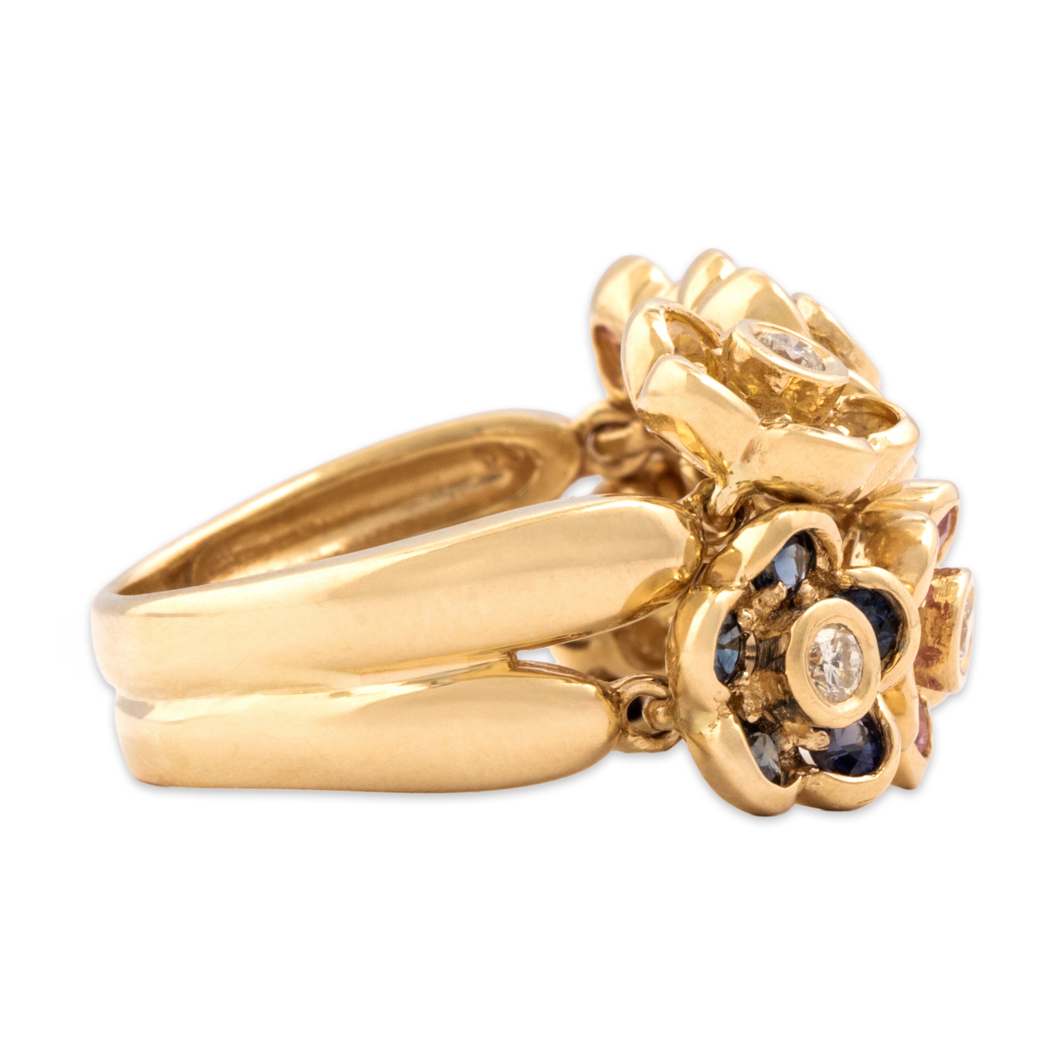 Estate Sonia B 14k Yellow Gold 1.22cttw Multi-Color Sapphire Diamond Playful Articulated Flower Field Ring - Side view