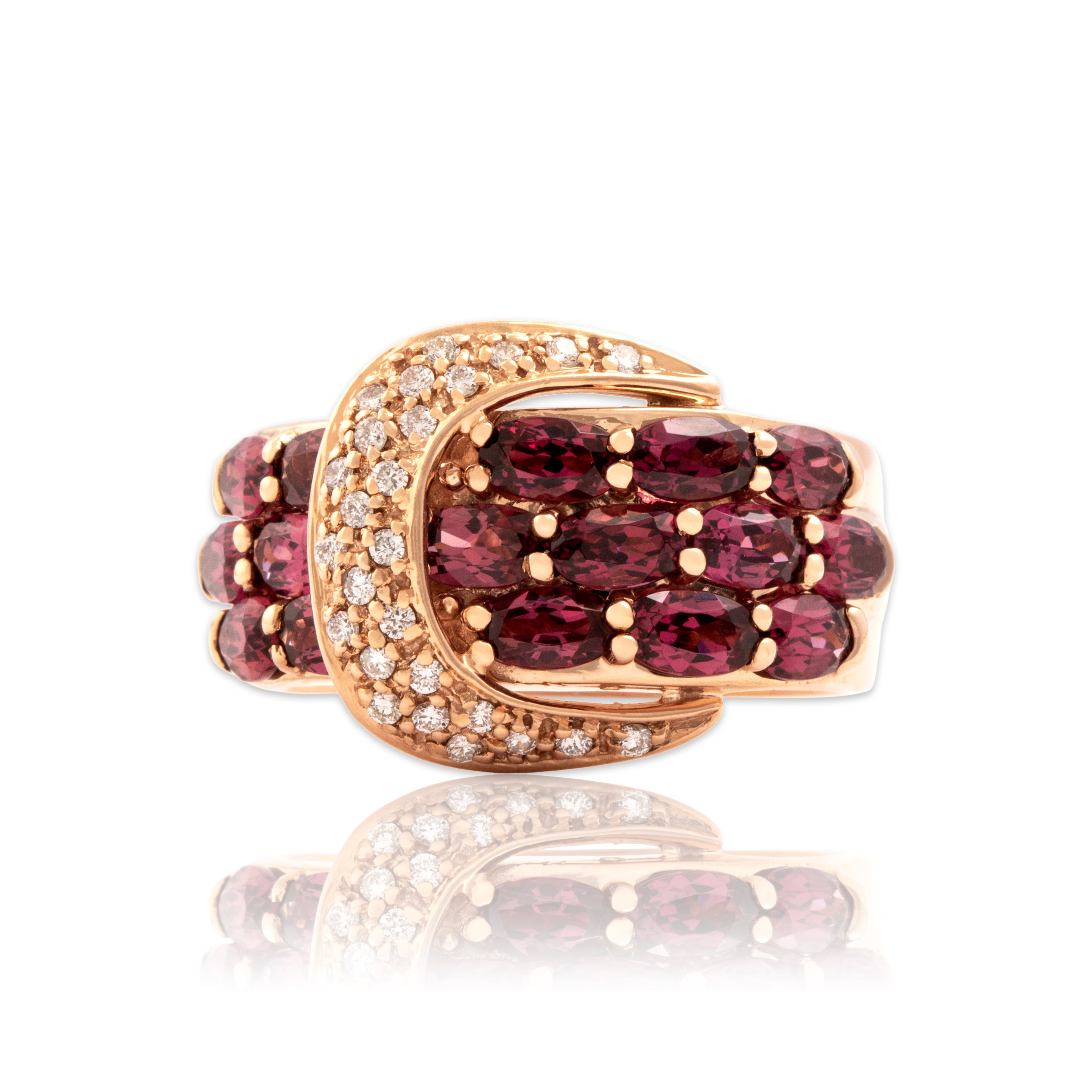 Estate Sonia B 14k Rose Gold 4.31cttw Pink Garnet Diamond Bold Sparkling Buckle Ring - Close-up view