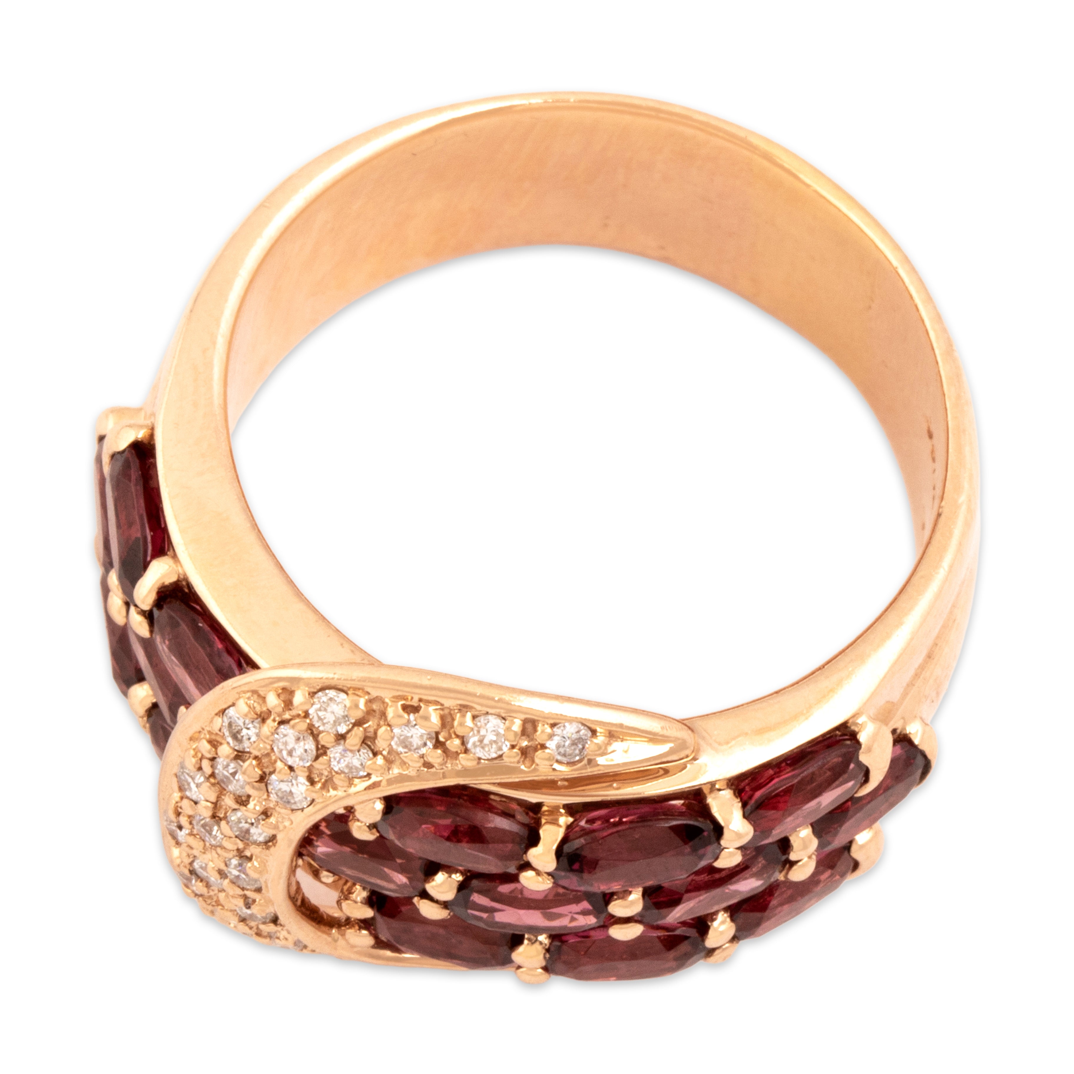 Estate Sonia B 14k Rose Gold 4.31cttw Pink Garnet Diamond Bold Sparkling Buckle Ring - Overall view