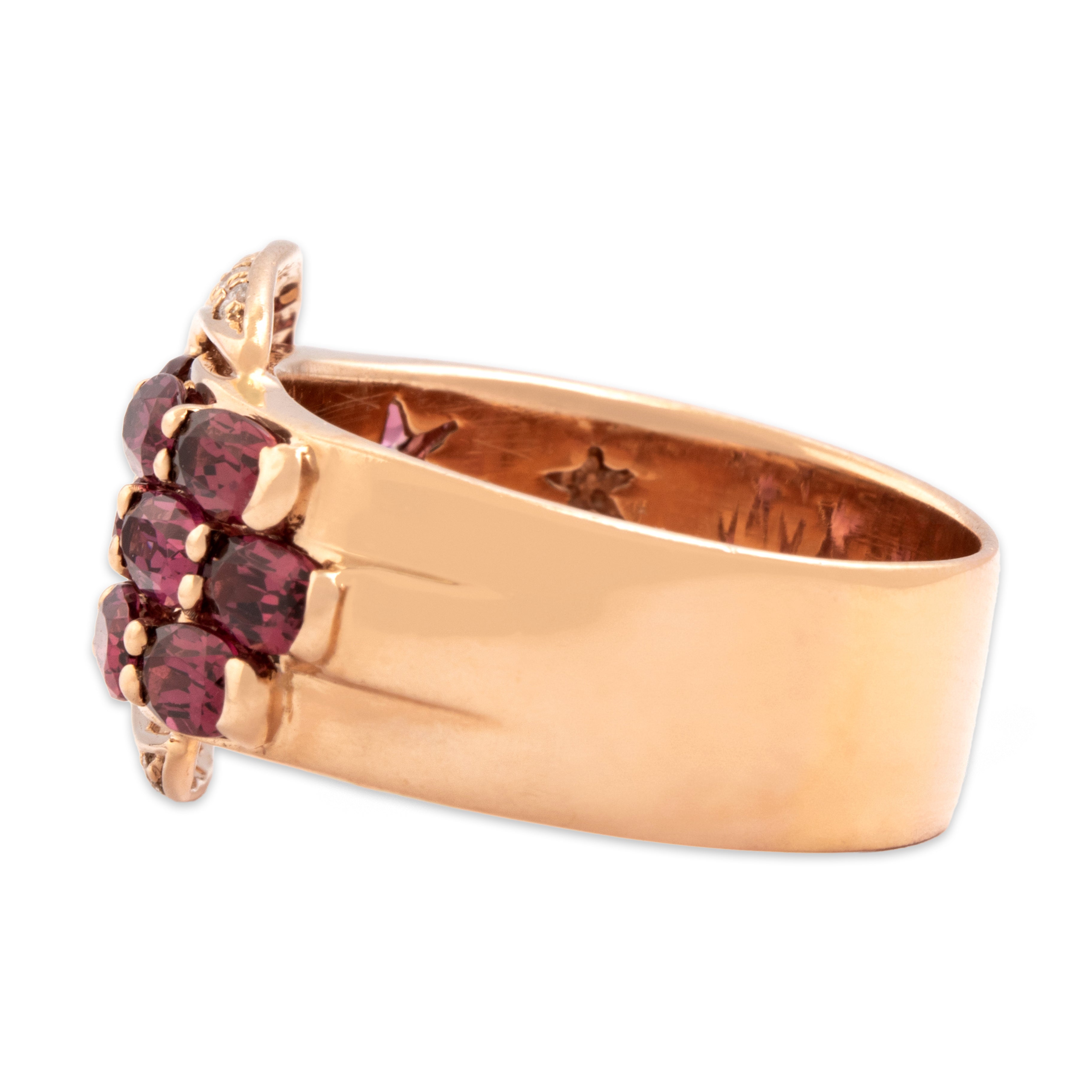 Estate Sonia B 14k Rose Gold 4.31cttw Pink Garnet Diamond Bold Sparkling Buckle Ring - Side view