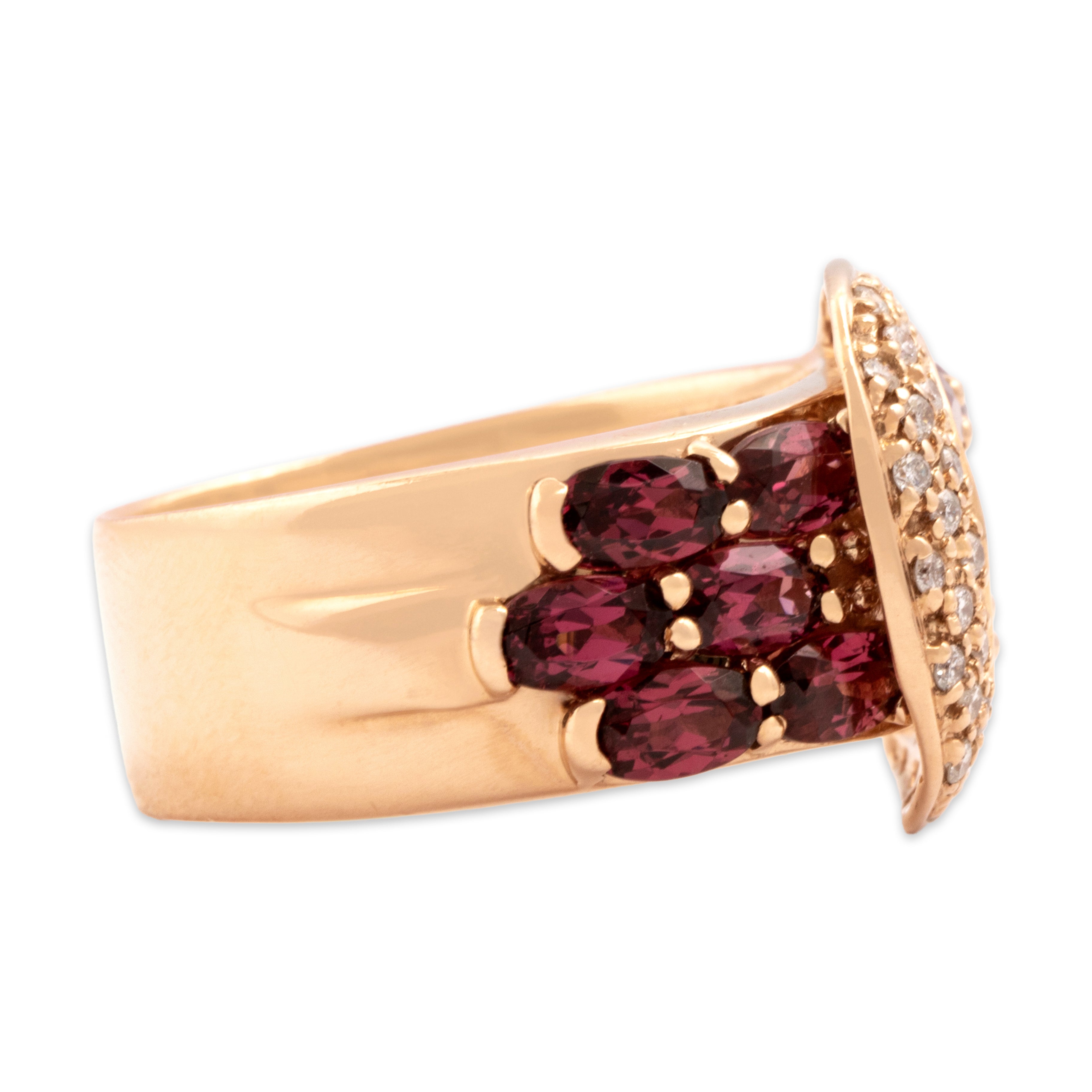 Estate Sonia B 14k Rose Gold 4.31cttw Pink Garnet Diamond Bold Sparkling Buckle Ring - Side view
