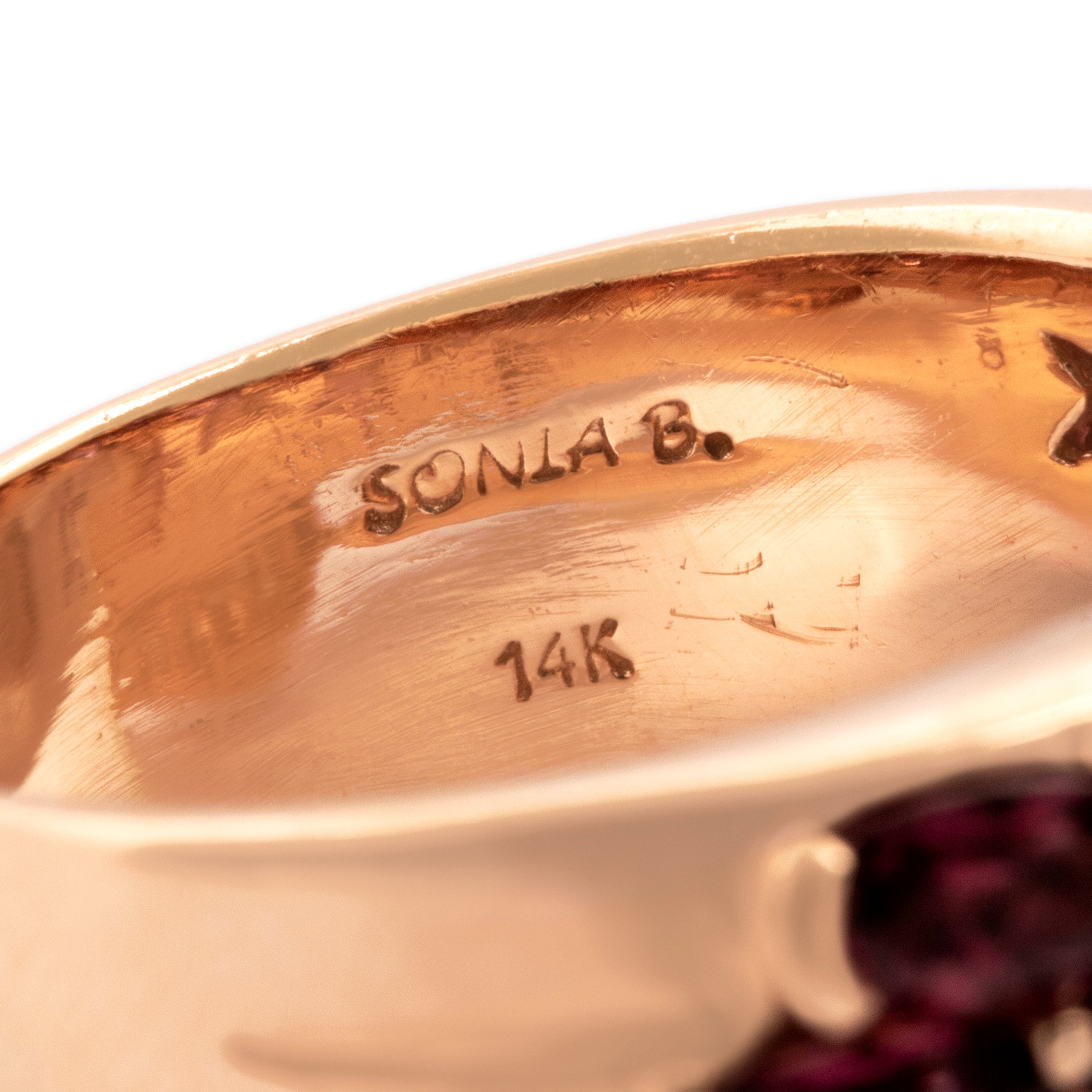 Estate Sonia B 14k Rose Gold 4.31cttw Pink Garnet Diamond Bold Sparkling Buckle Ring - Hallmark view