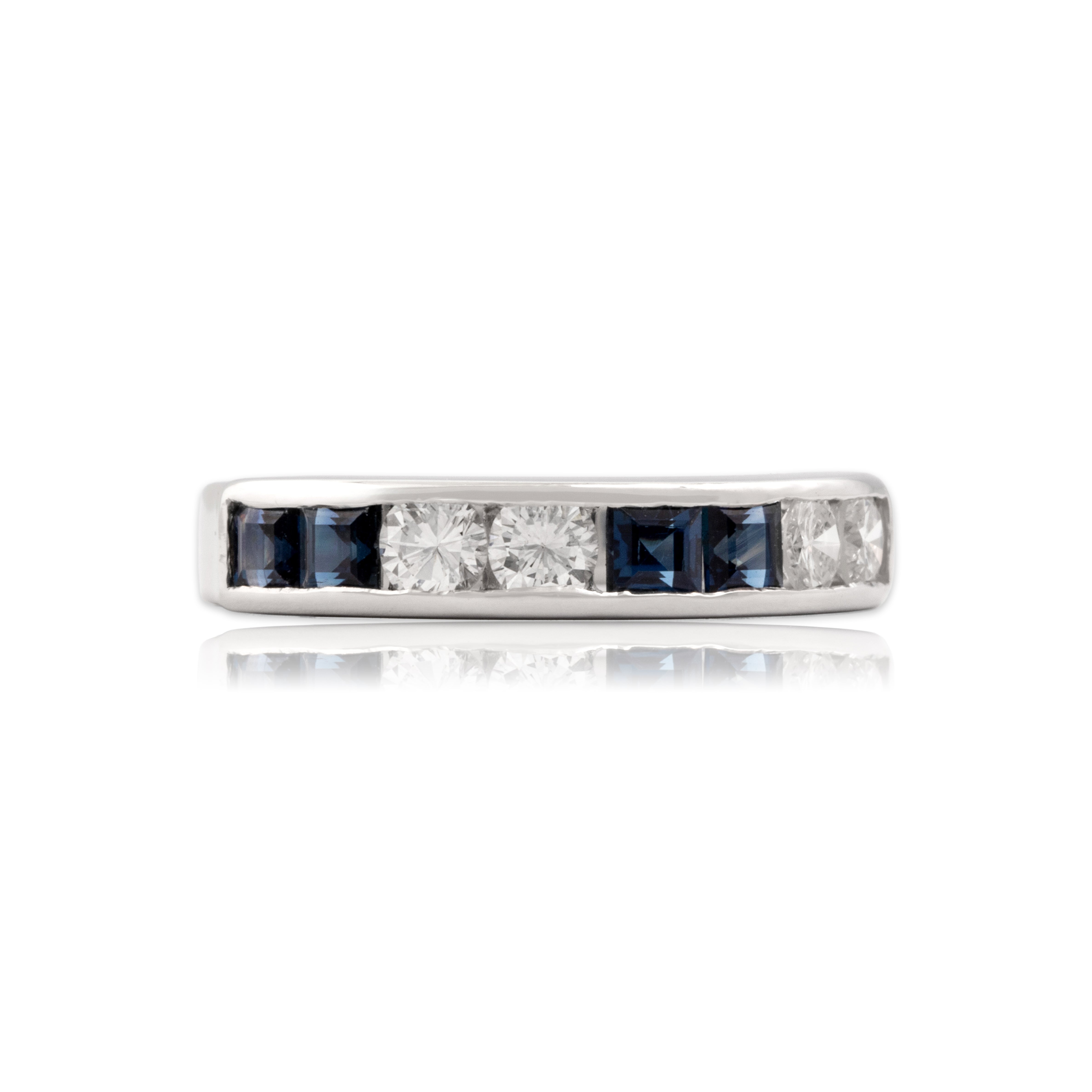 Vintage 14k White Gold .68cttw Blue Sapphire .51cttw Diamond Stupendous Channel-Set Alternating Band Ring - Close-up view