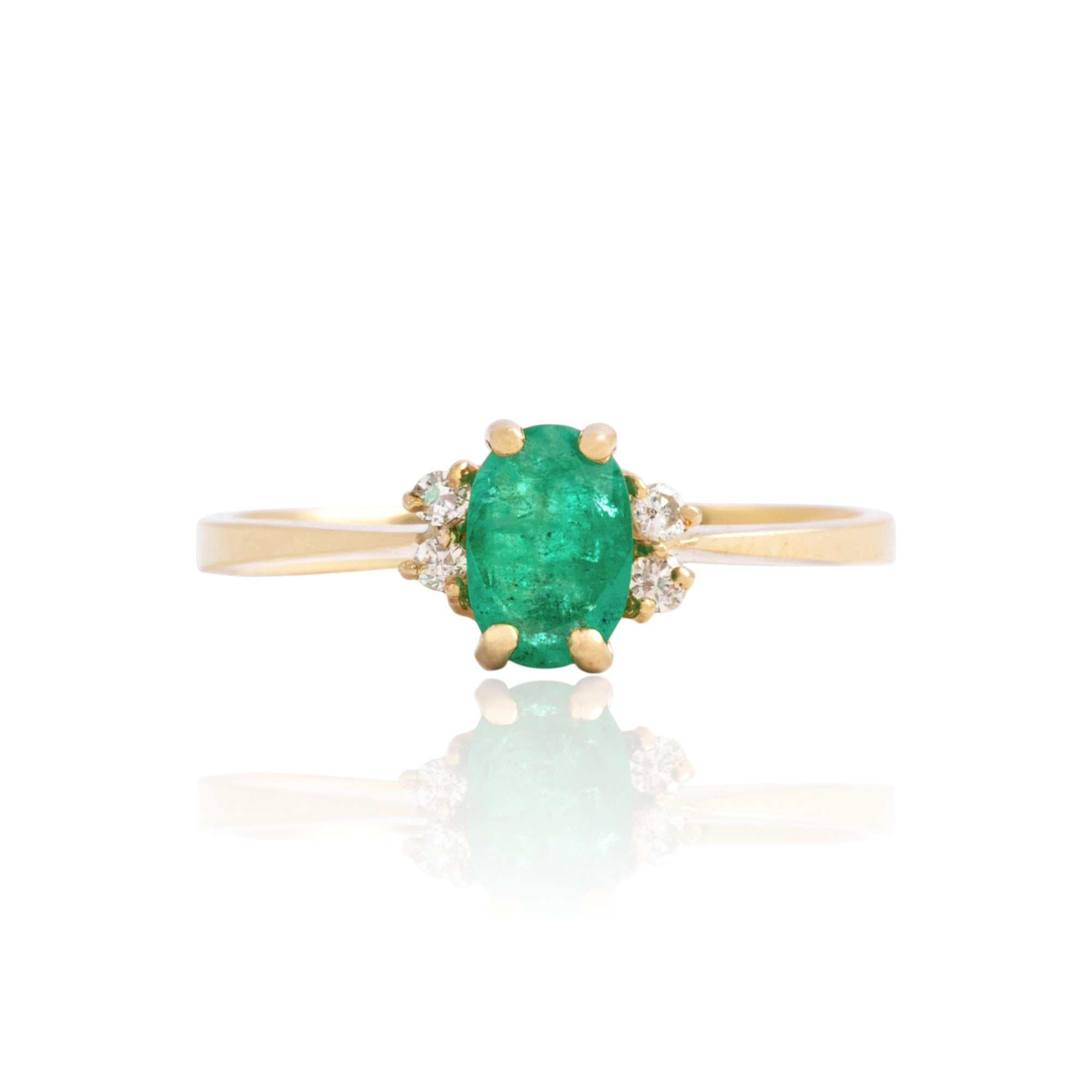Vintage 14k Yellow Gold Emerald Diamond Duo Accented Oval Ring 5.50