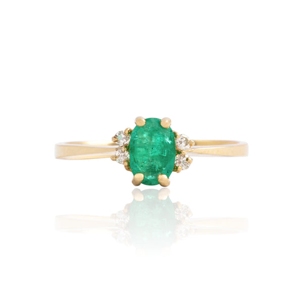 Vintage 14k Yellow Gold Emerald Diamond Duo Accented Oval Ring 5.50