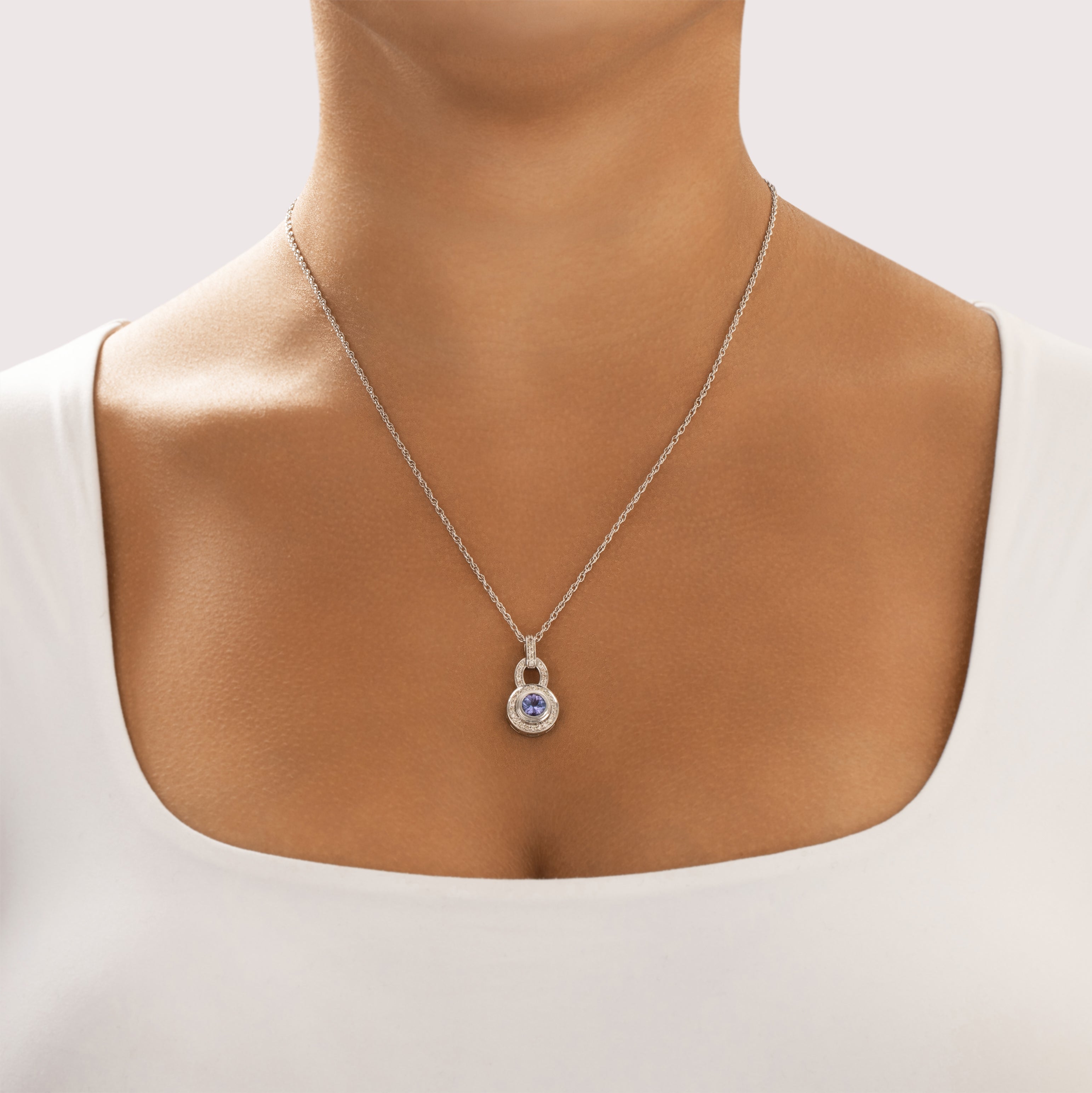 Vintage 14k White Gold .65ct Tanzanite Diamond Chic Geometric Bezel-Set Pendant - On model view