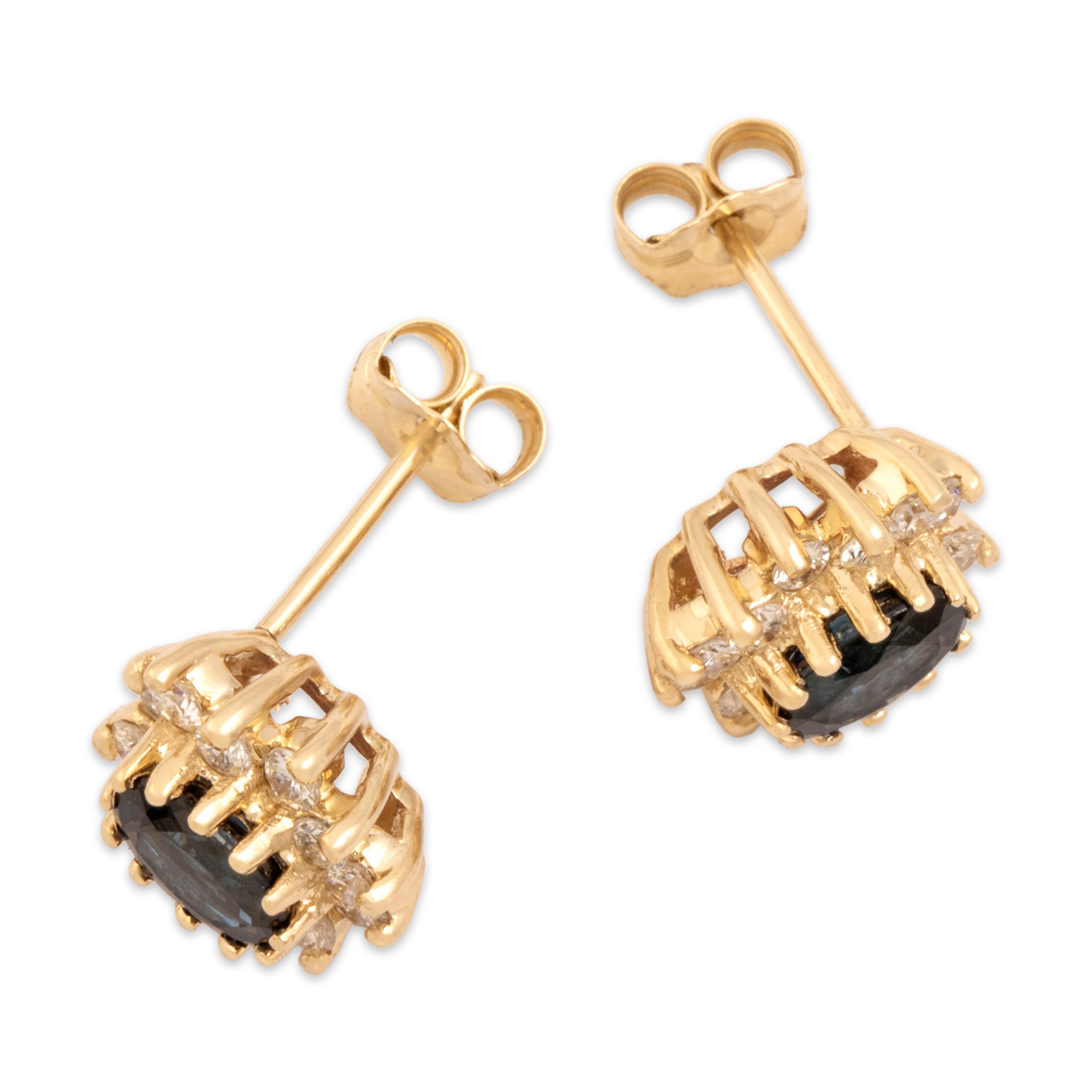 Vintage 14k Yellow Gold .96cttw Blue Sapphire Diamond Glittering Oval Stud Earrings - Side view