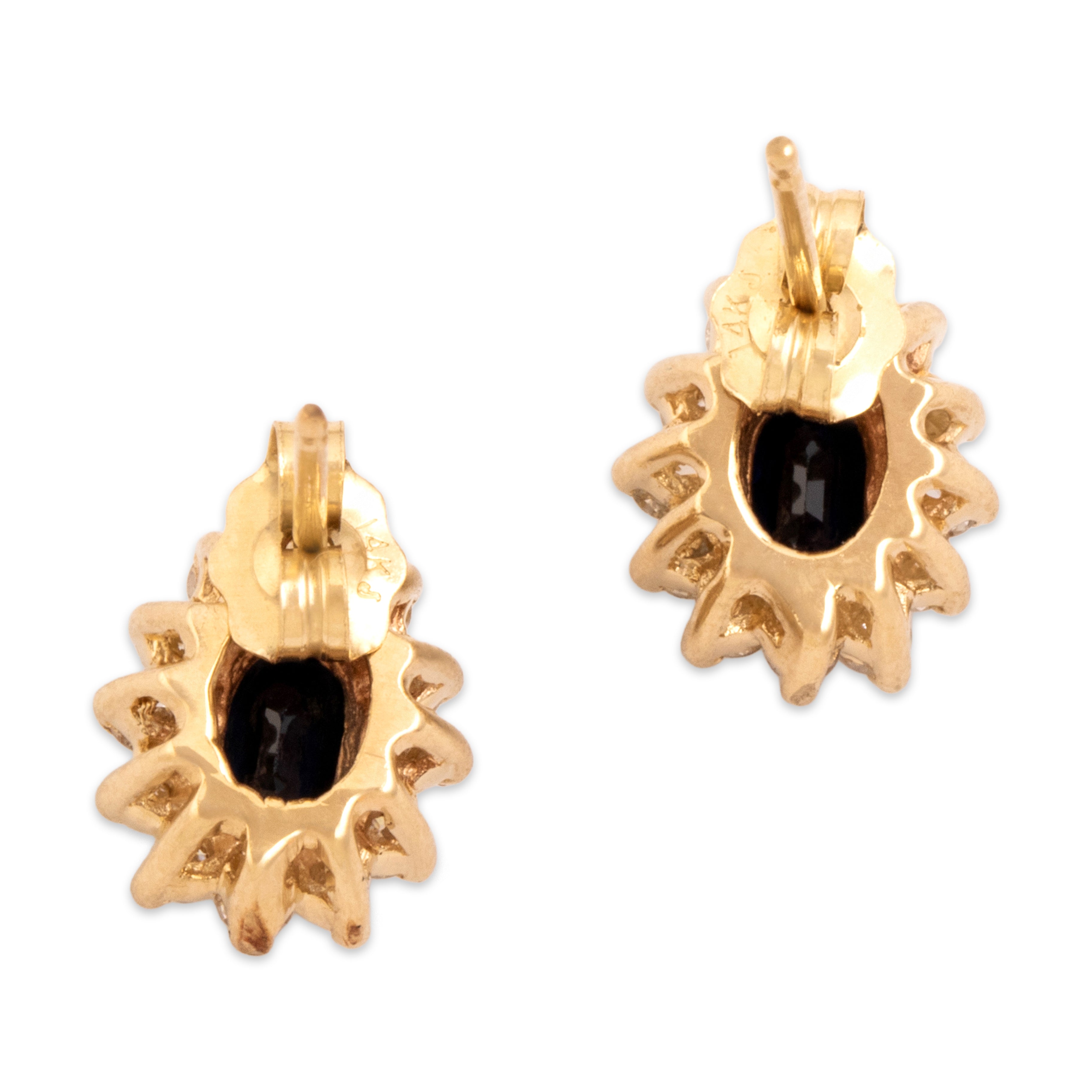 Vintage 14k Yellow Gold .96cttw Blue Sapphire Diamond Glittering Oval Stud Earrings - Back view