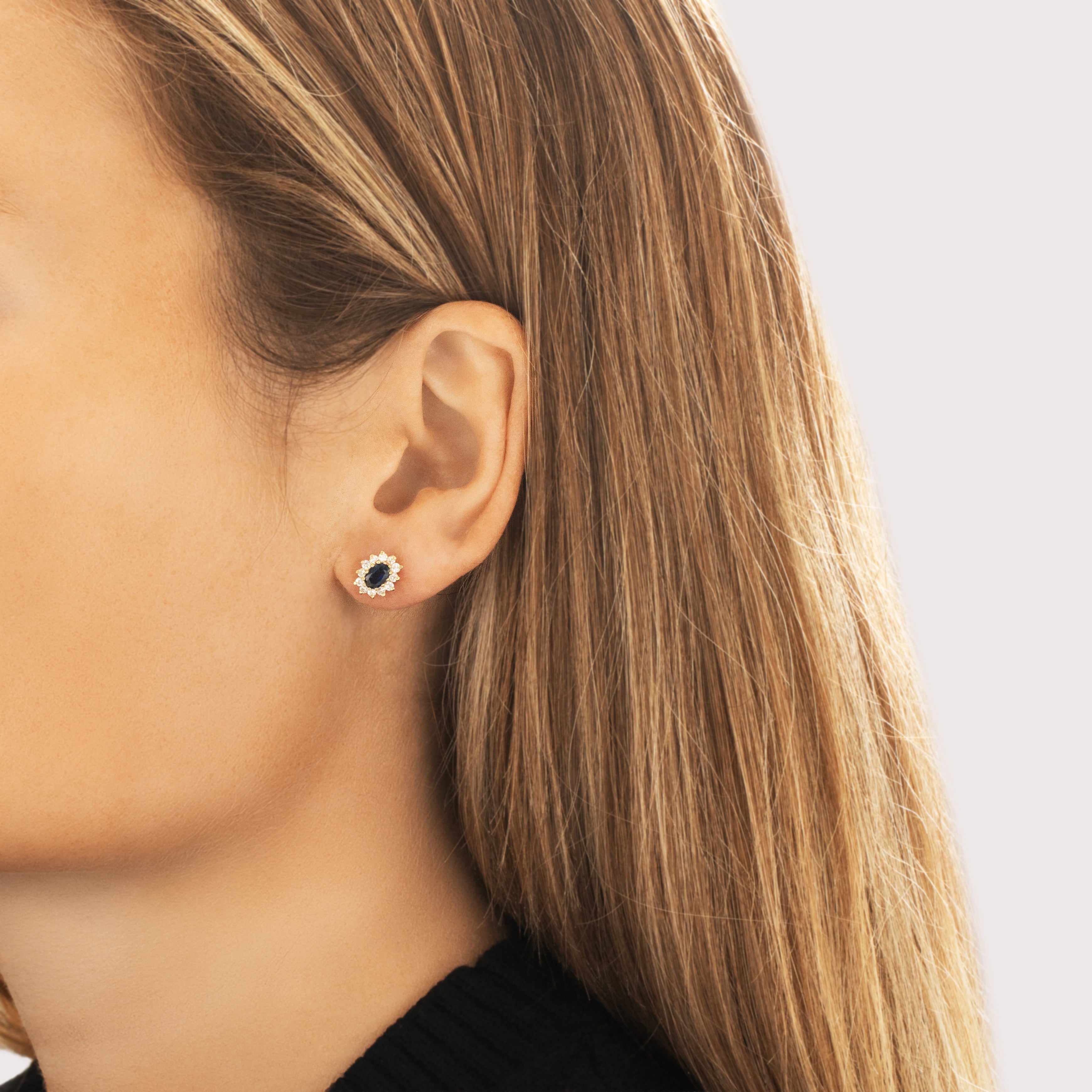 Vintage 14k Yellow Gold .96cttw Blue Sapphire Diamond Glittering Oval Stud Earrings - On model view