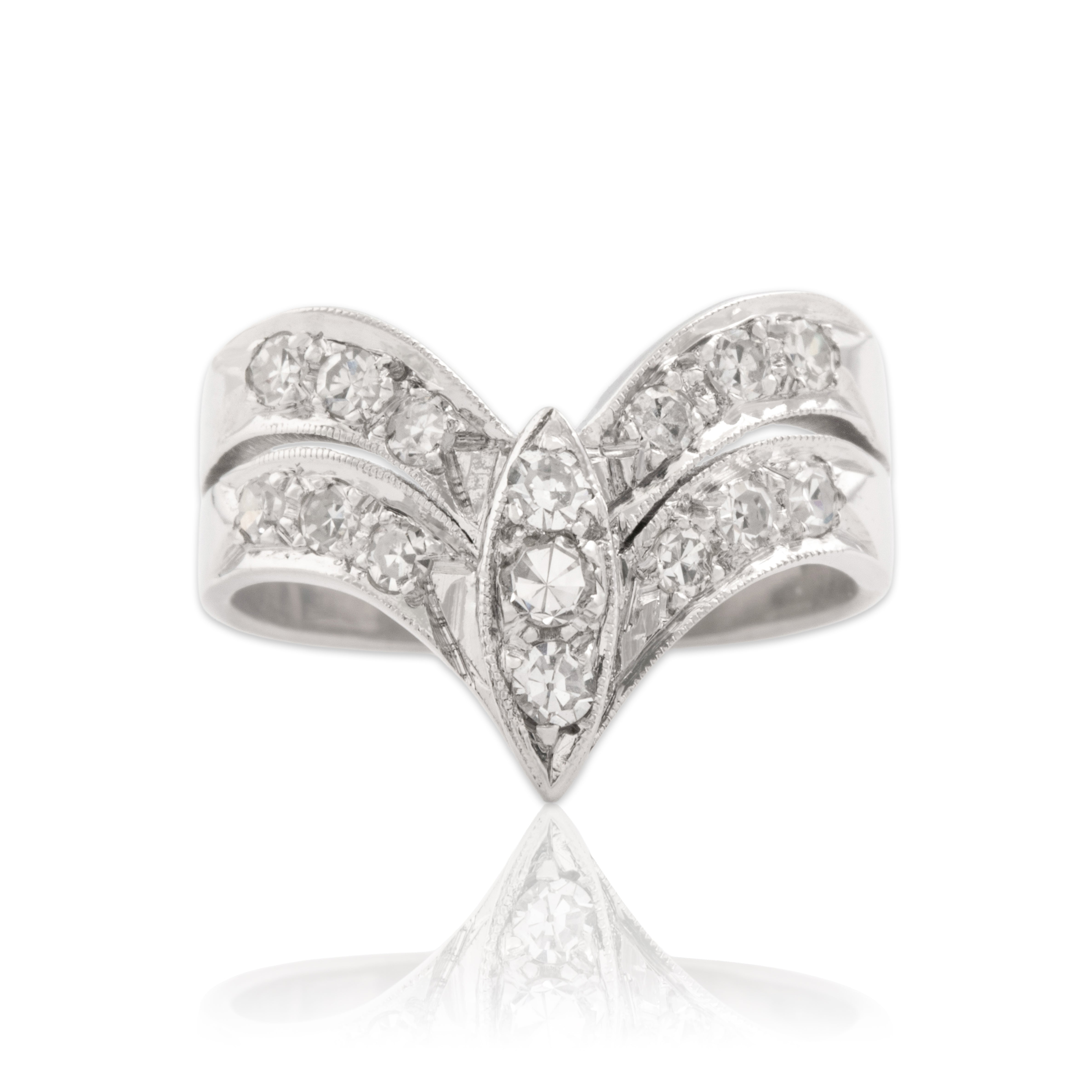 Vintage 14k White Gold Diamond Double Row Chevron Enhancer Band Ring - Close-up view