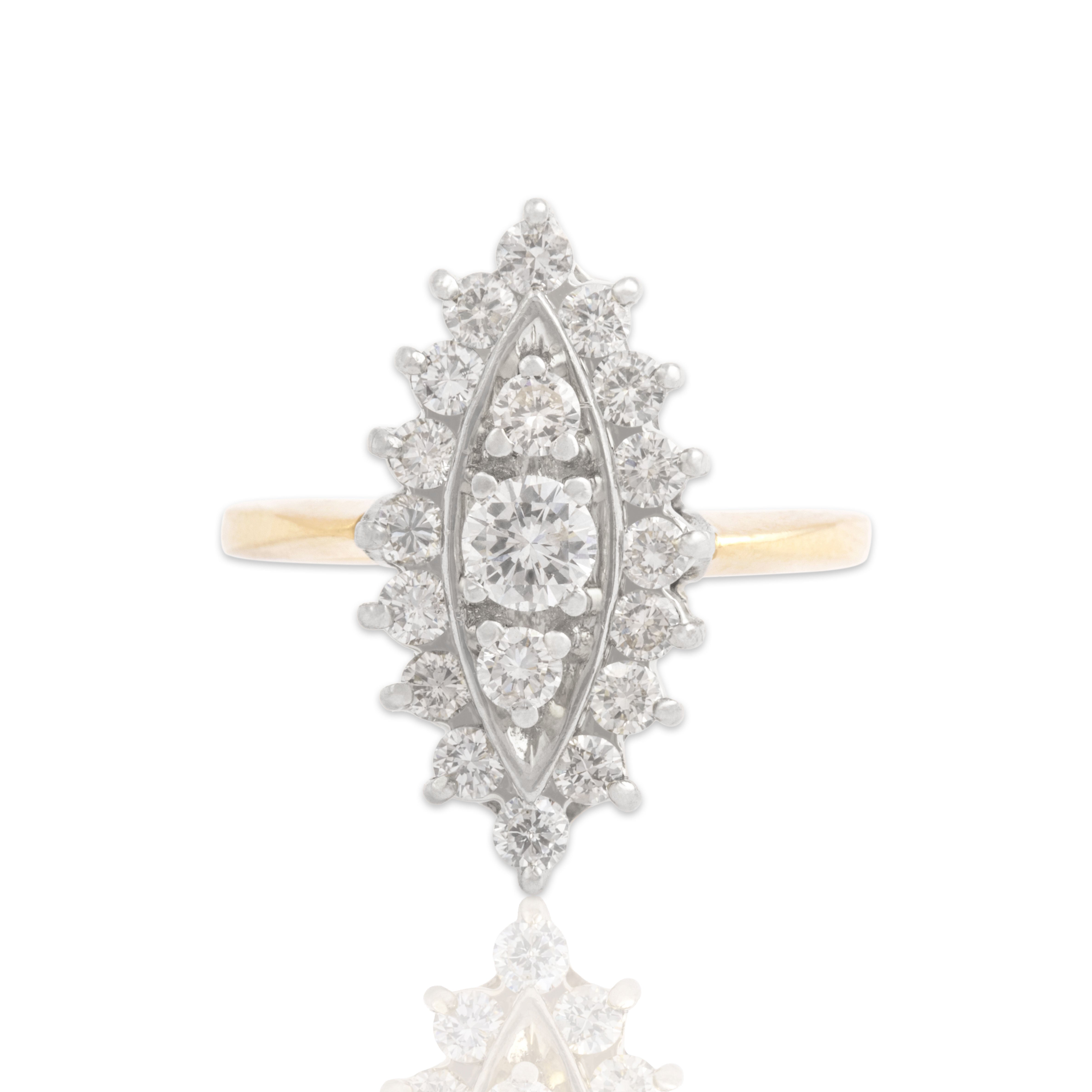 Vintage 14k Yellow & White Gold .85cttw Diamond Dazzling Navette Ring 6.75