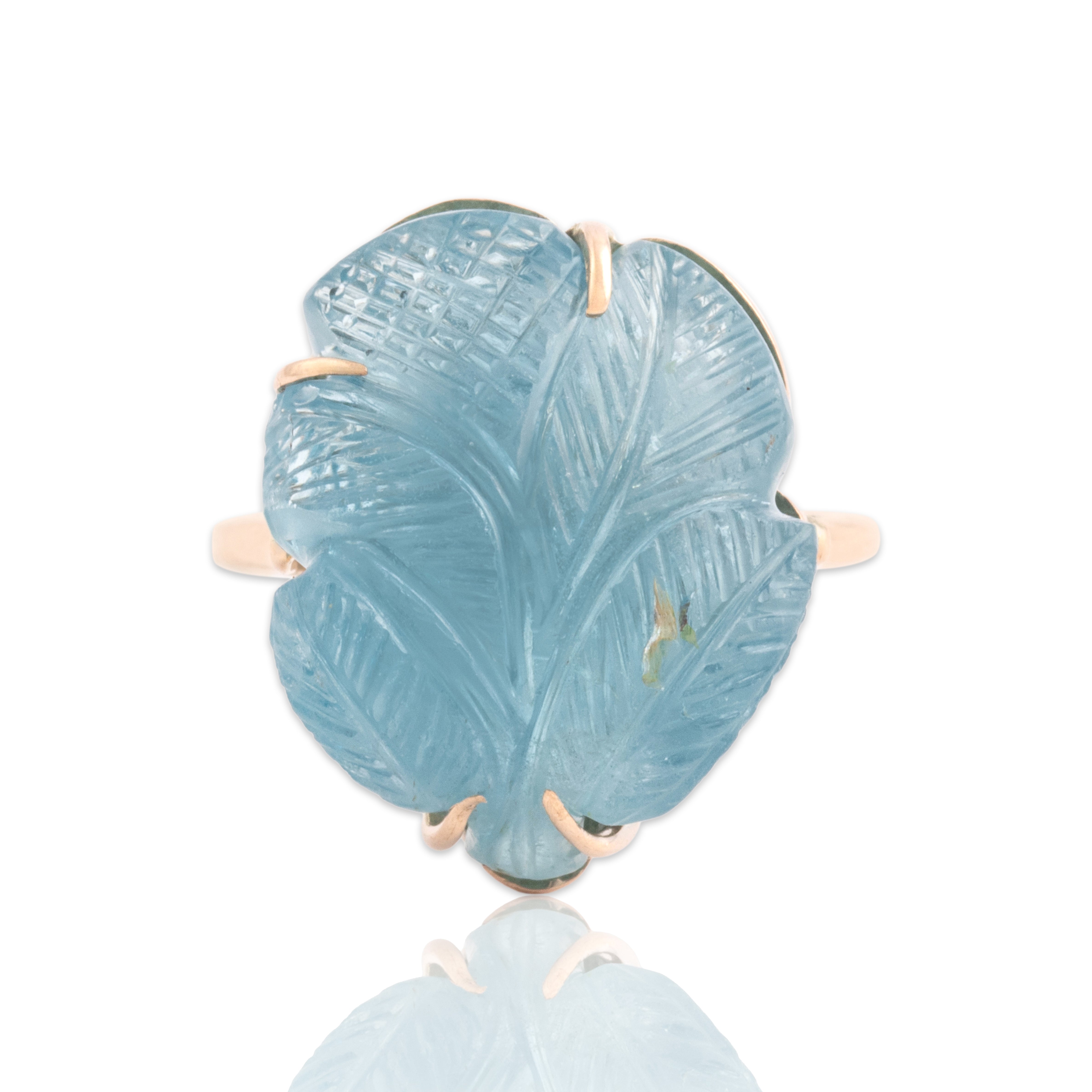 Vintage 10k Rosy Yellow Gold 20.88ct Aquamarine Carved Leaf Cocktail Ring 7.00