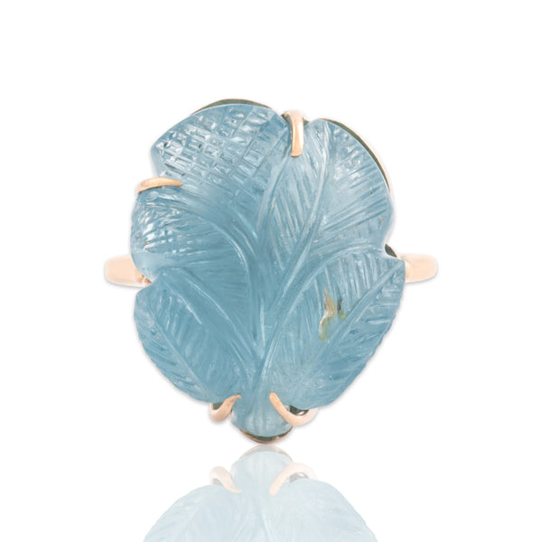 Vintage 10k Rosy Yellow Gold 20.88ct Aquamarine Carved Leaf Cocktail Ring 7.00