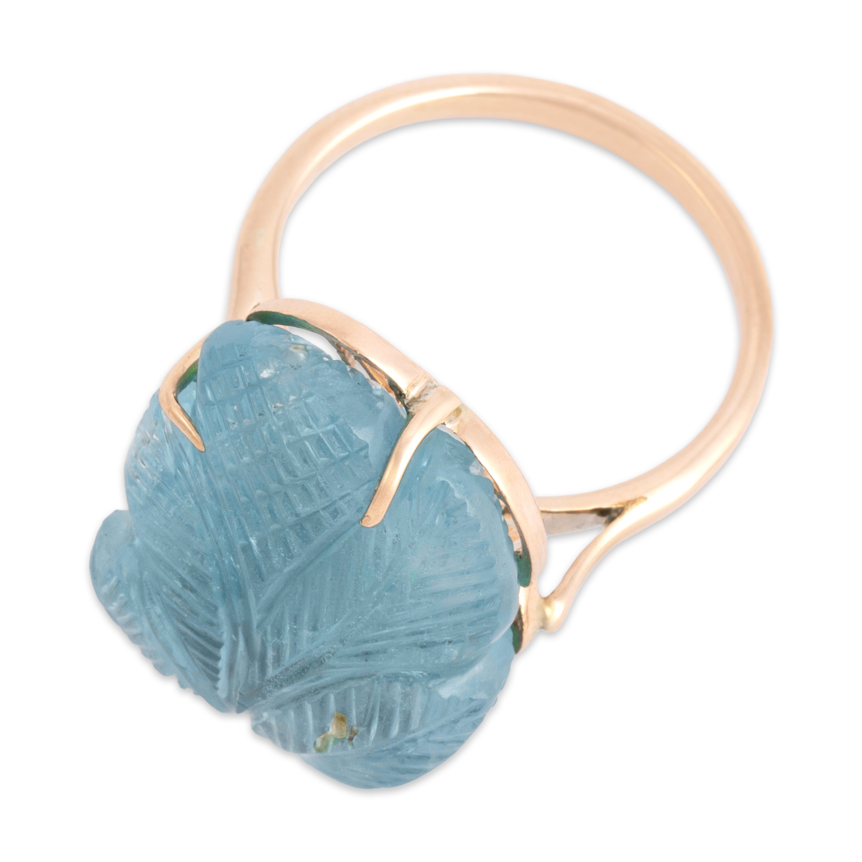 Vintage 10k Rosy Yellow Gold 20.88ct Aquamarine Carved Leaf Cocktail Ring 7.00