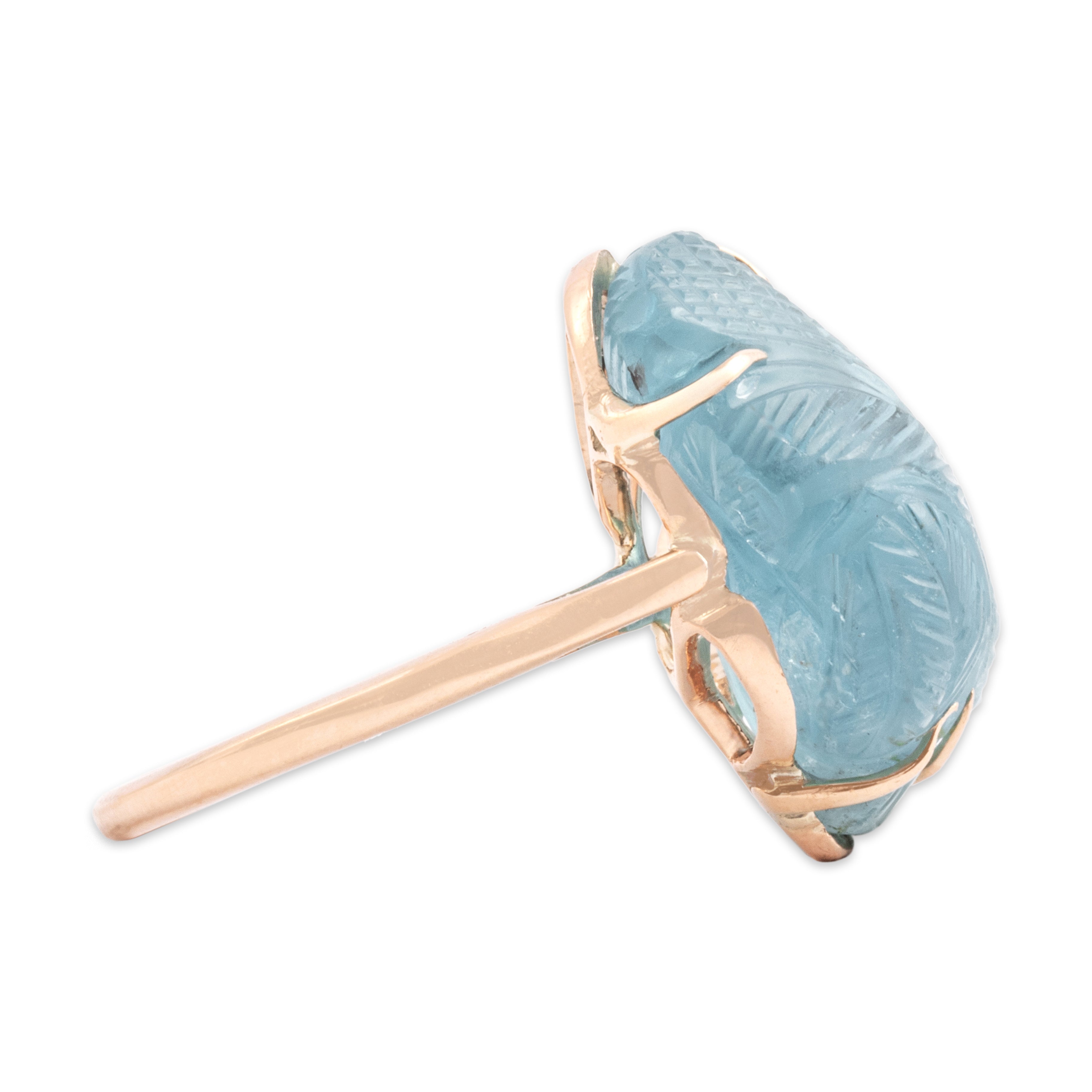 Vintage 10k Rosy Yellow Gold 20.88ct Aquamarine Carved Leaf Cocktail Ring 7.00