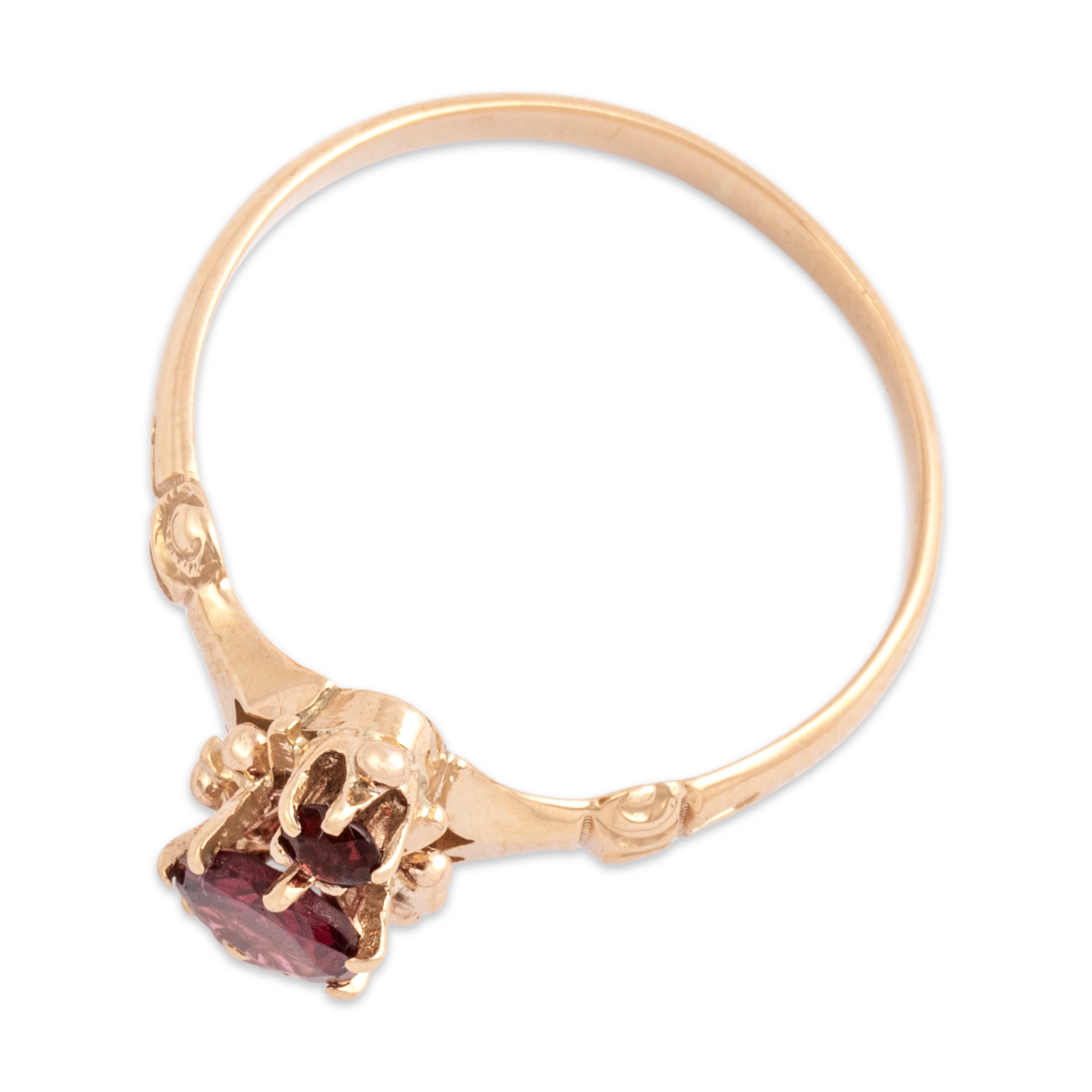 Antique Victorian 10k Rosy Yellow Gold Pink Garnet Pink Glass Pink Garnet Glass Doublet Decorated Stacked Trio Ring - Overall view