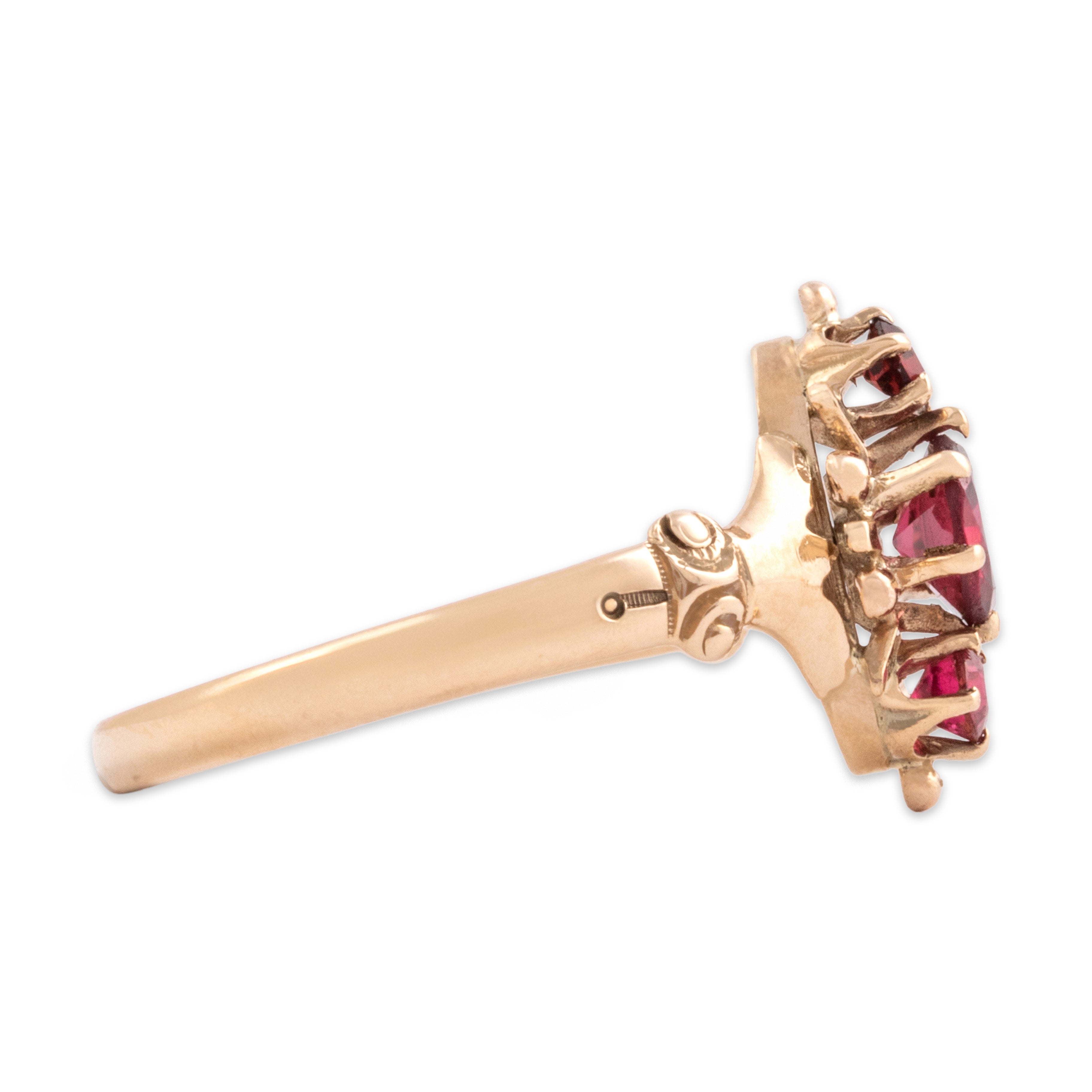 Antique Victorian 10k Rosy Yellow Gold Pink Garnet Pink Glass Pink Garnet Glass Doublet Decorated Stacked Trio Ring - Side view