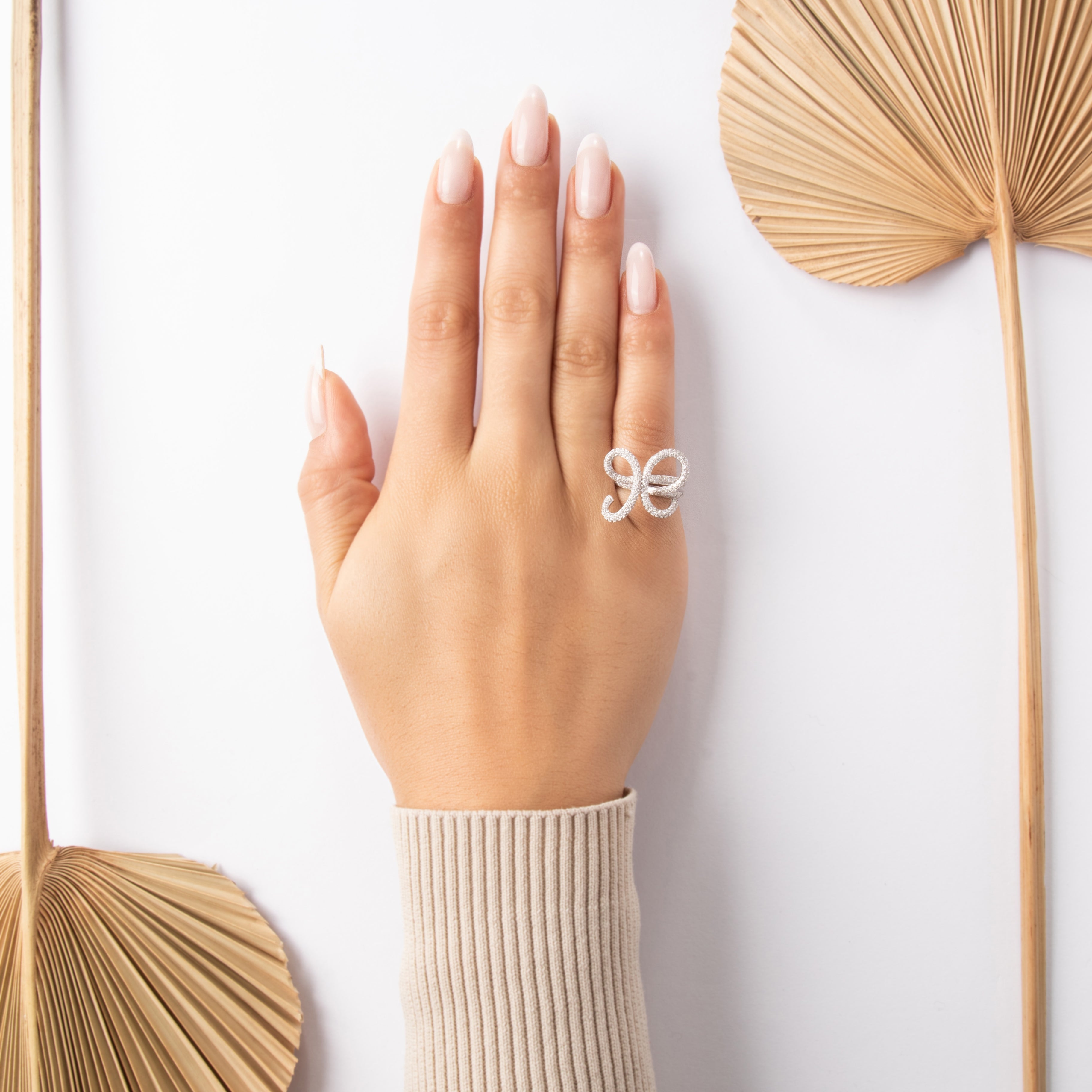 Estate 18k White Gold [Custom Carat] Dazzling Freeform Bow Ring - On model view