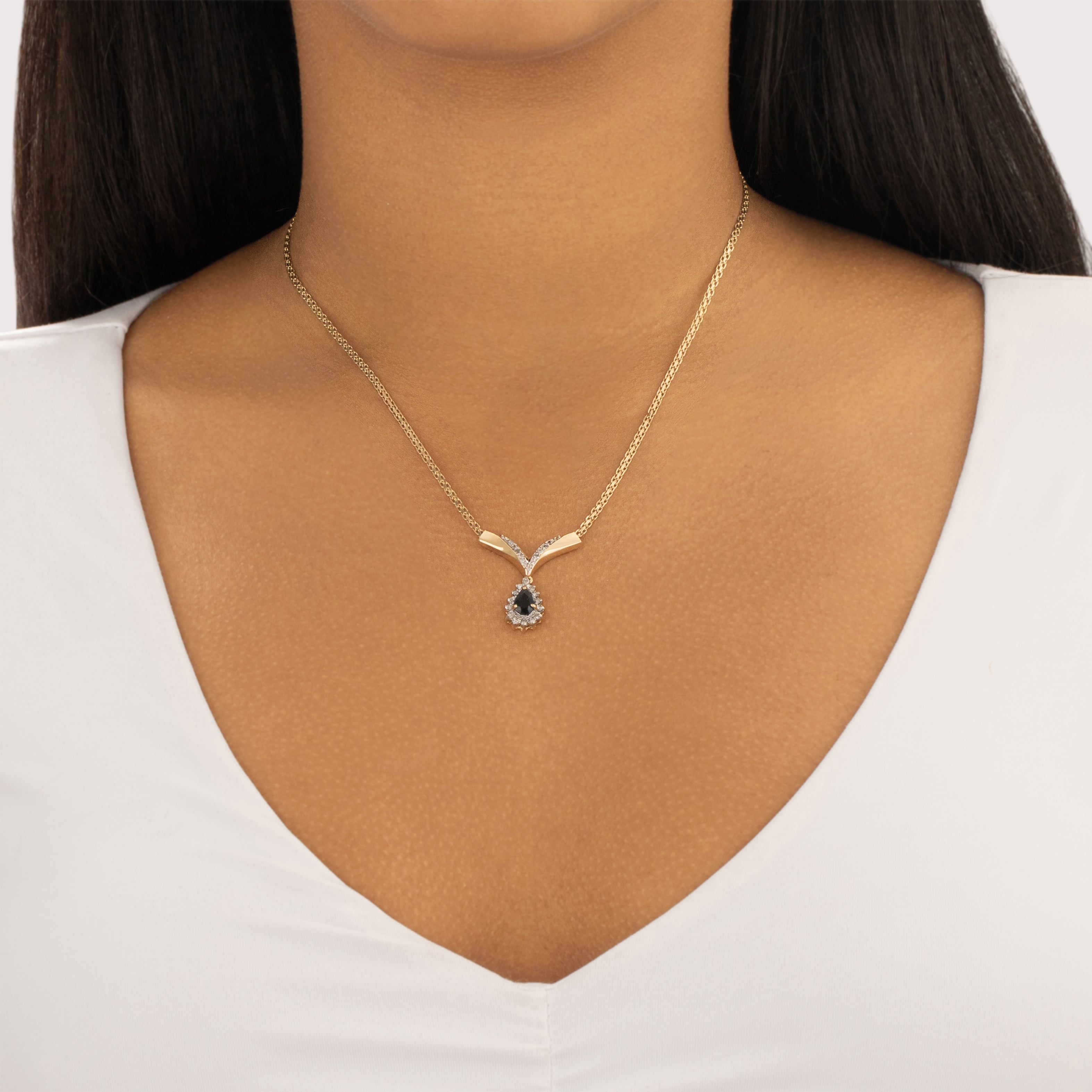 Vintage 14k Yellow Gold .54ct Dark Blue Sapphire Diamond Chic Angular Chevron Dangle Necklace - On model view