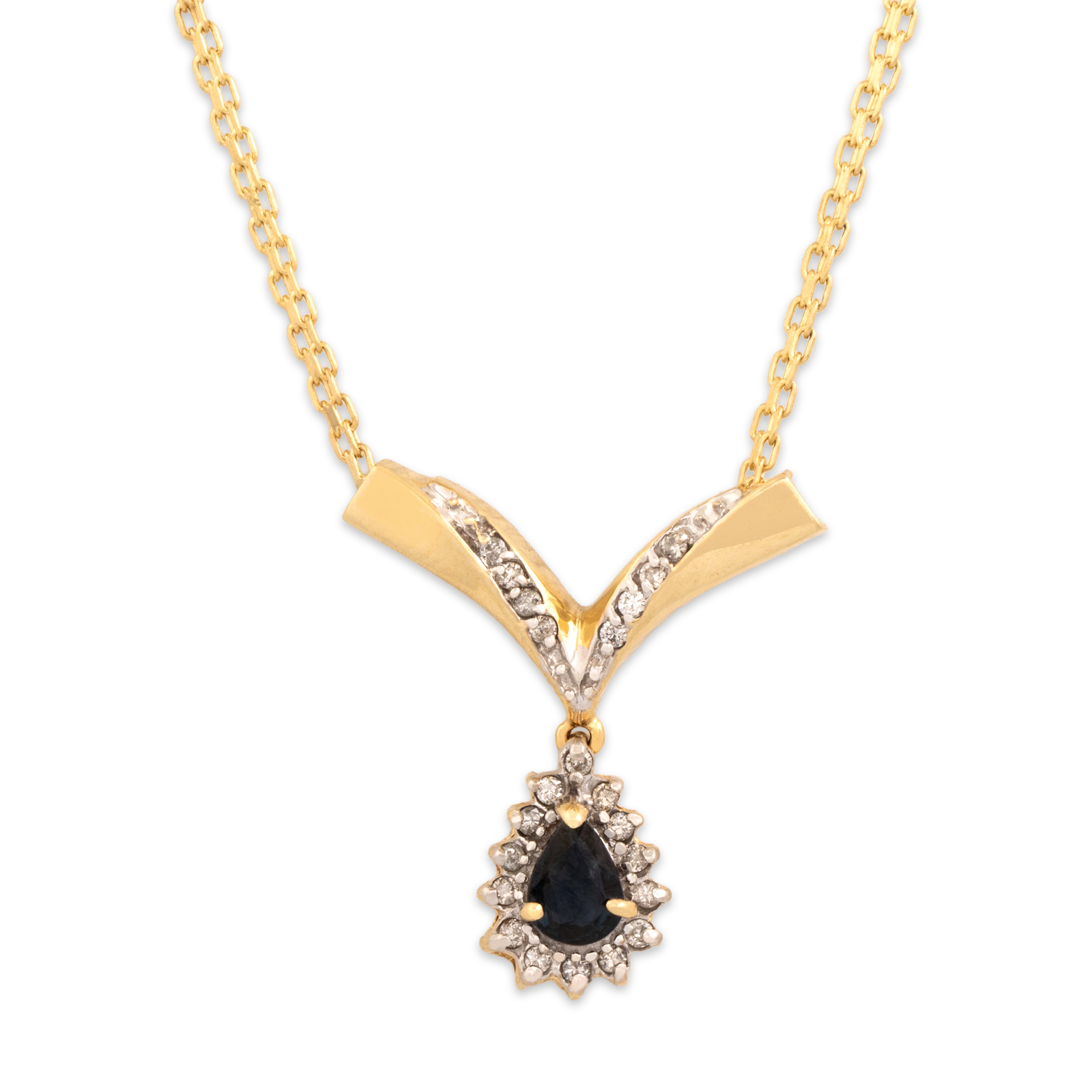Vintage 14k Yellow Gold .54ct Dark Blue Sapphire Diamond Chic Angular Chevron Dangle Necklace - detail view #1