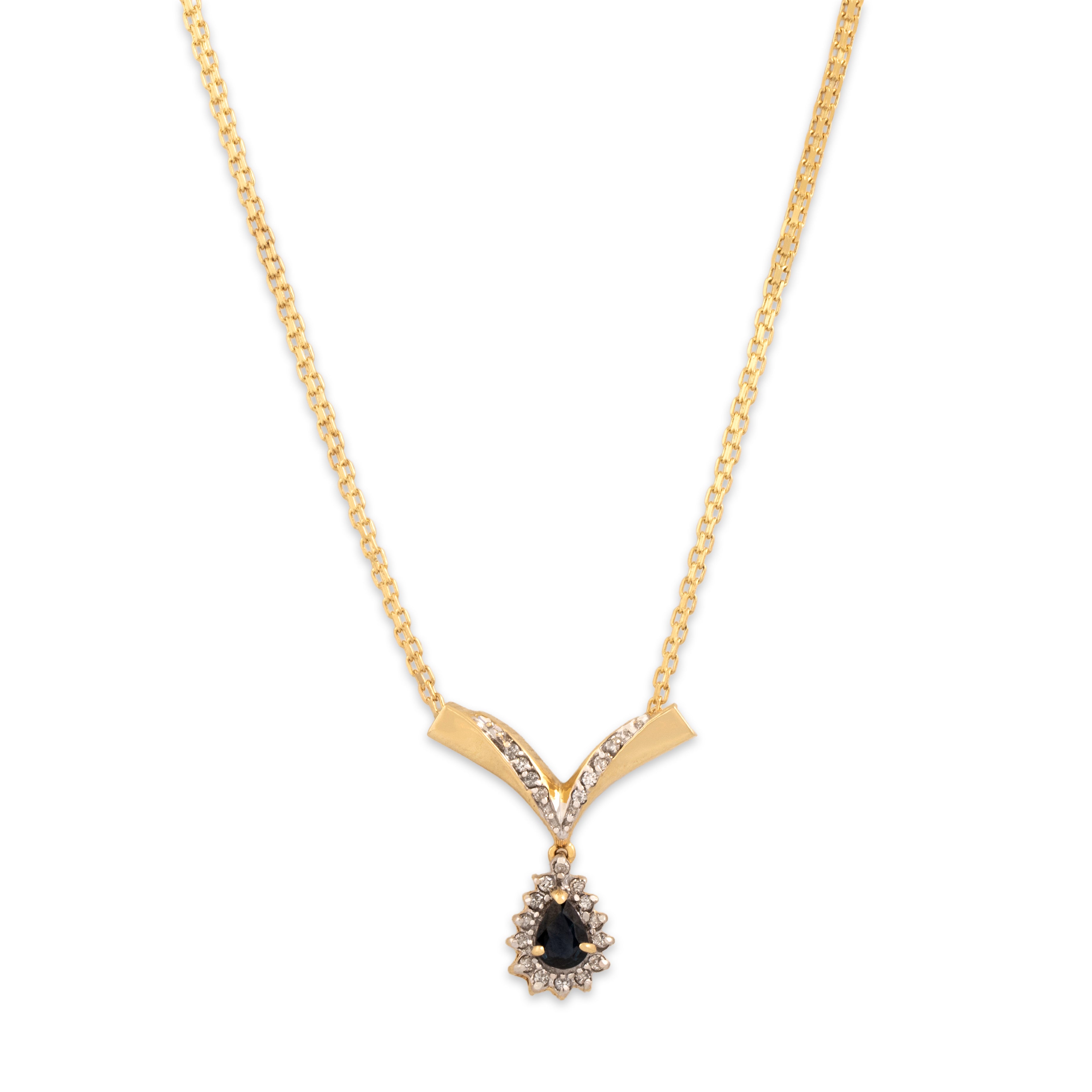 Vintage 14k Yellow Gold .54ct Dark Blue Sapphire Diamond Chic Angular Chevron Dangle Necklace - detail view #2