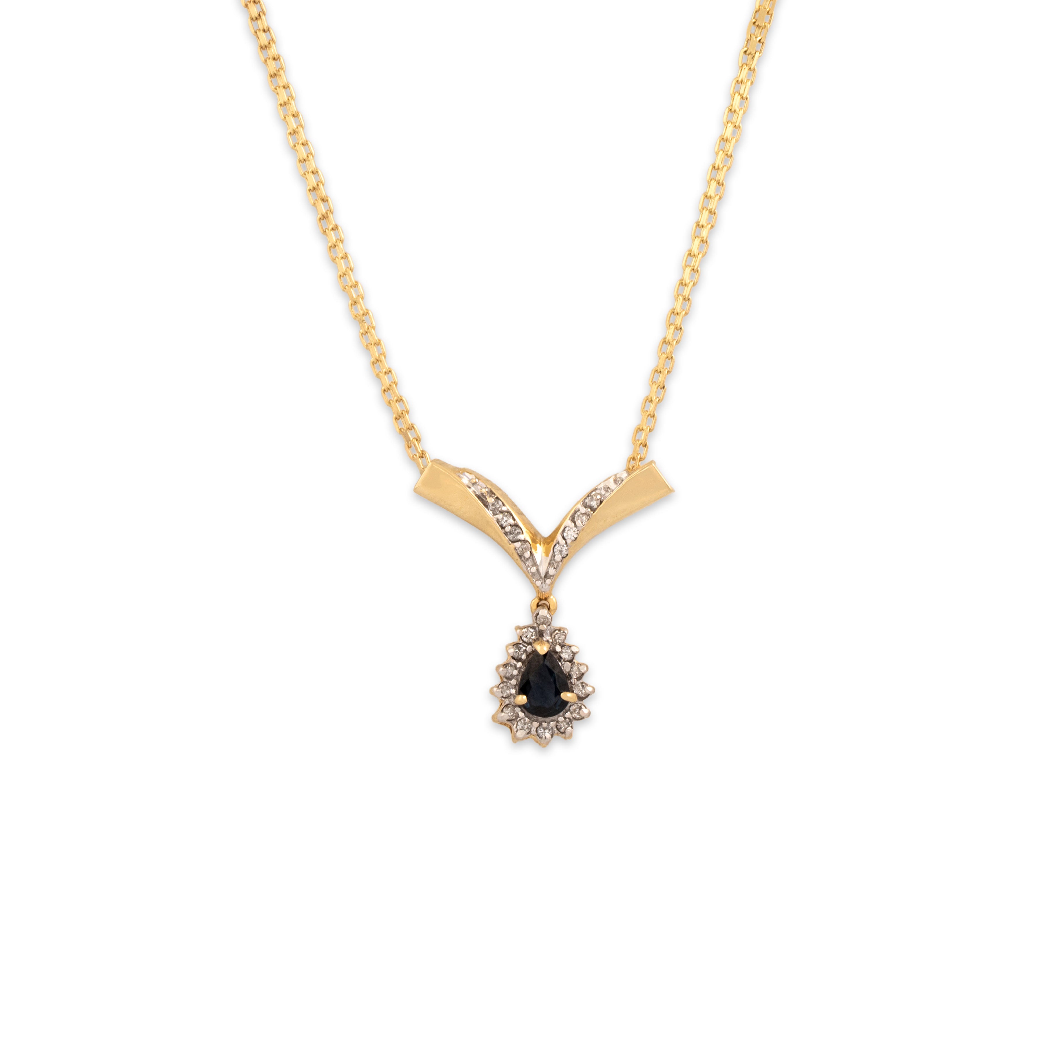 Vintage 14k Yellow Gold .54ct Dark Blue Sapphire Diamond Chevron Necklace 17.75