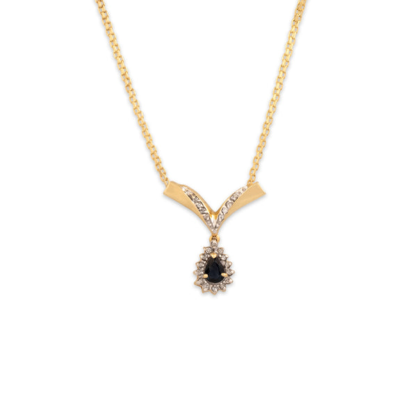Vintage 14k Yellow Gold .54ct Dark Blue Sapphire Diamond Chevron Necklace 17.75