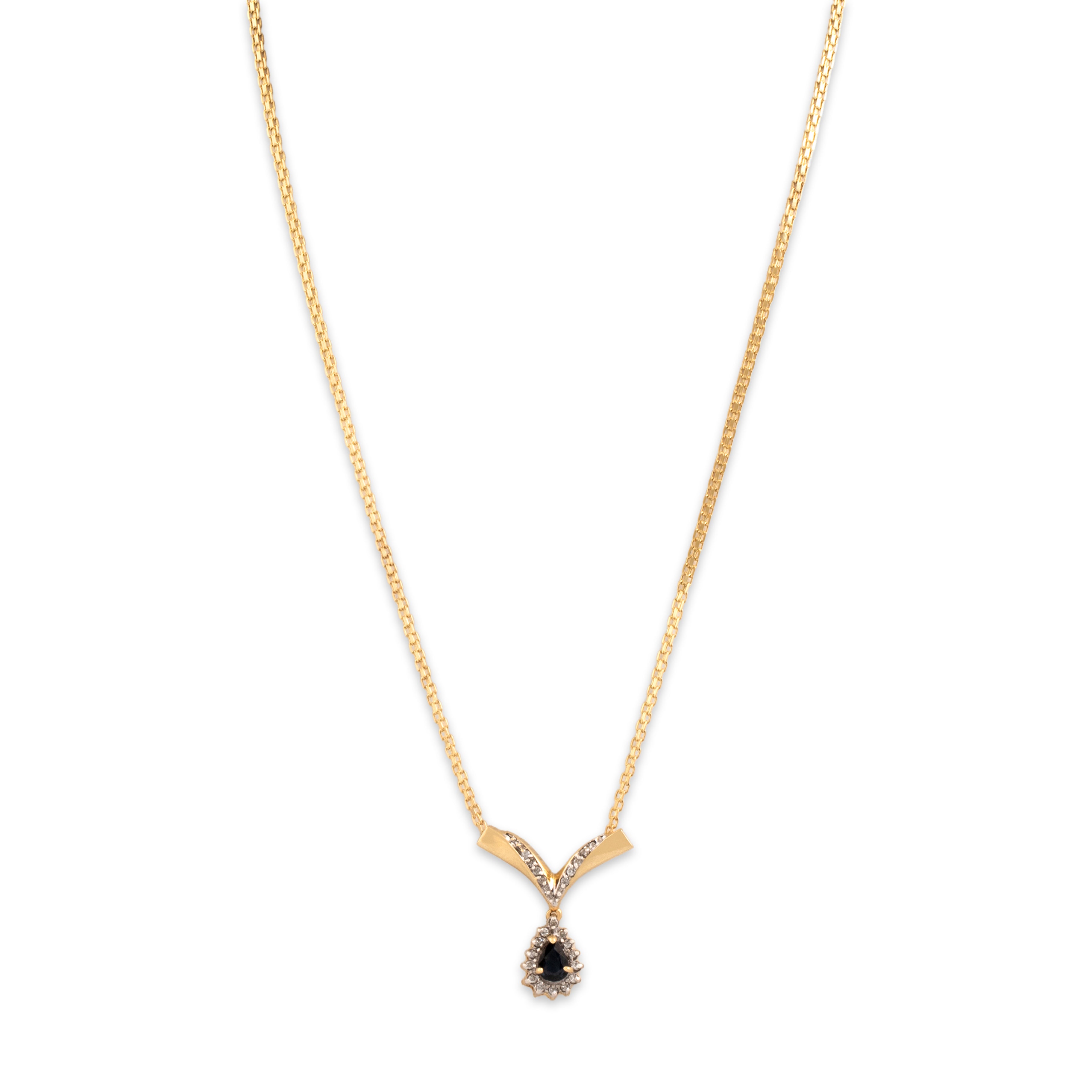 Vintage 14k Yellow Gold .54ct Dark Blue Sapphire Diamond Chic Angular Chevron Dangle Necklace - Close-up view