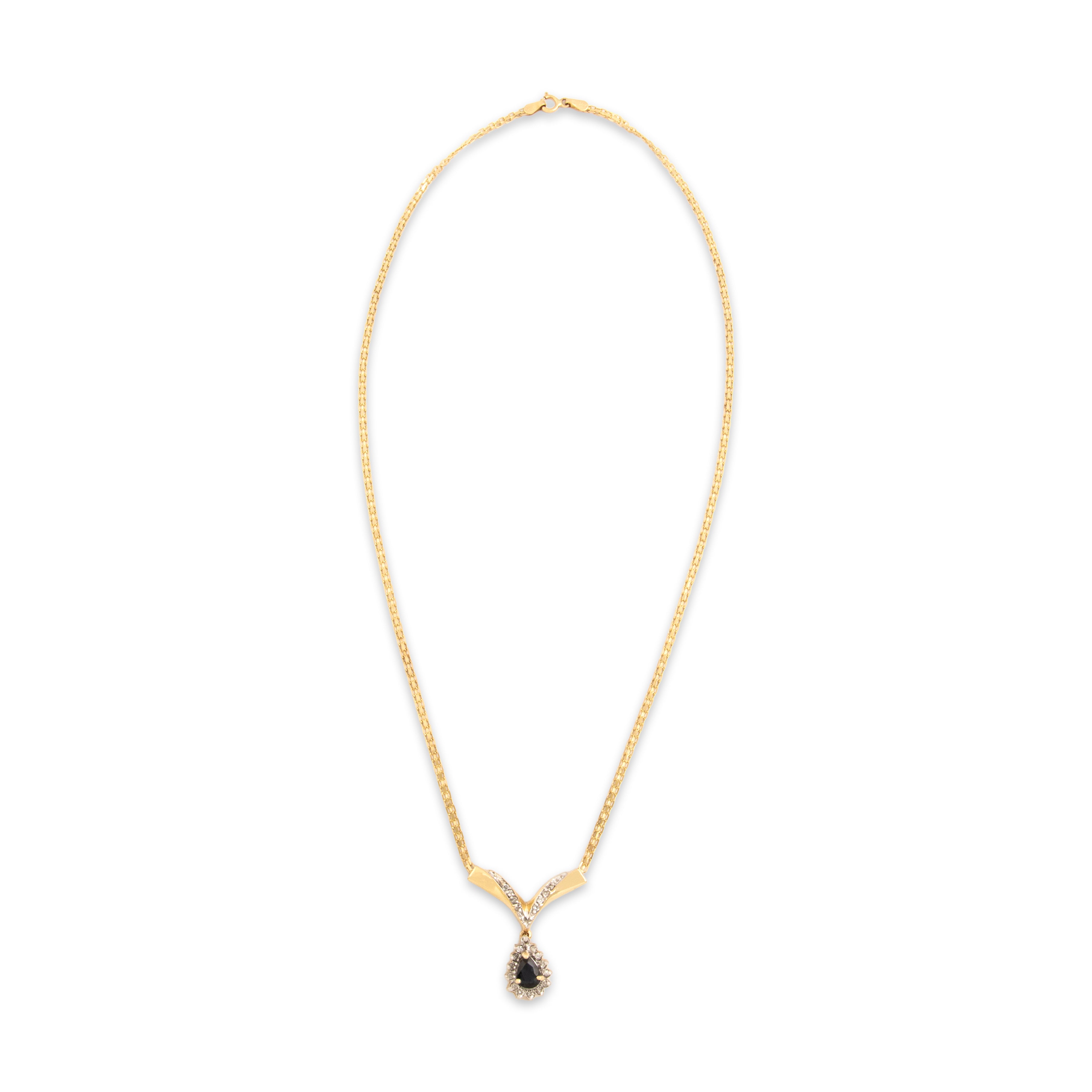 Vintage 14k Yellow Gold .54ct Dark Blue Sapphire Diamond Chic Angular Chevron Dangle Necklace - Overall view