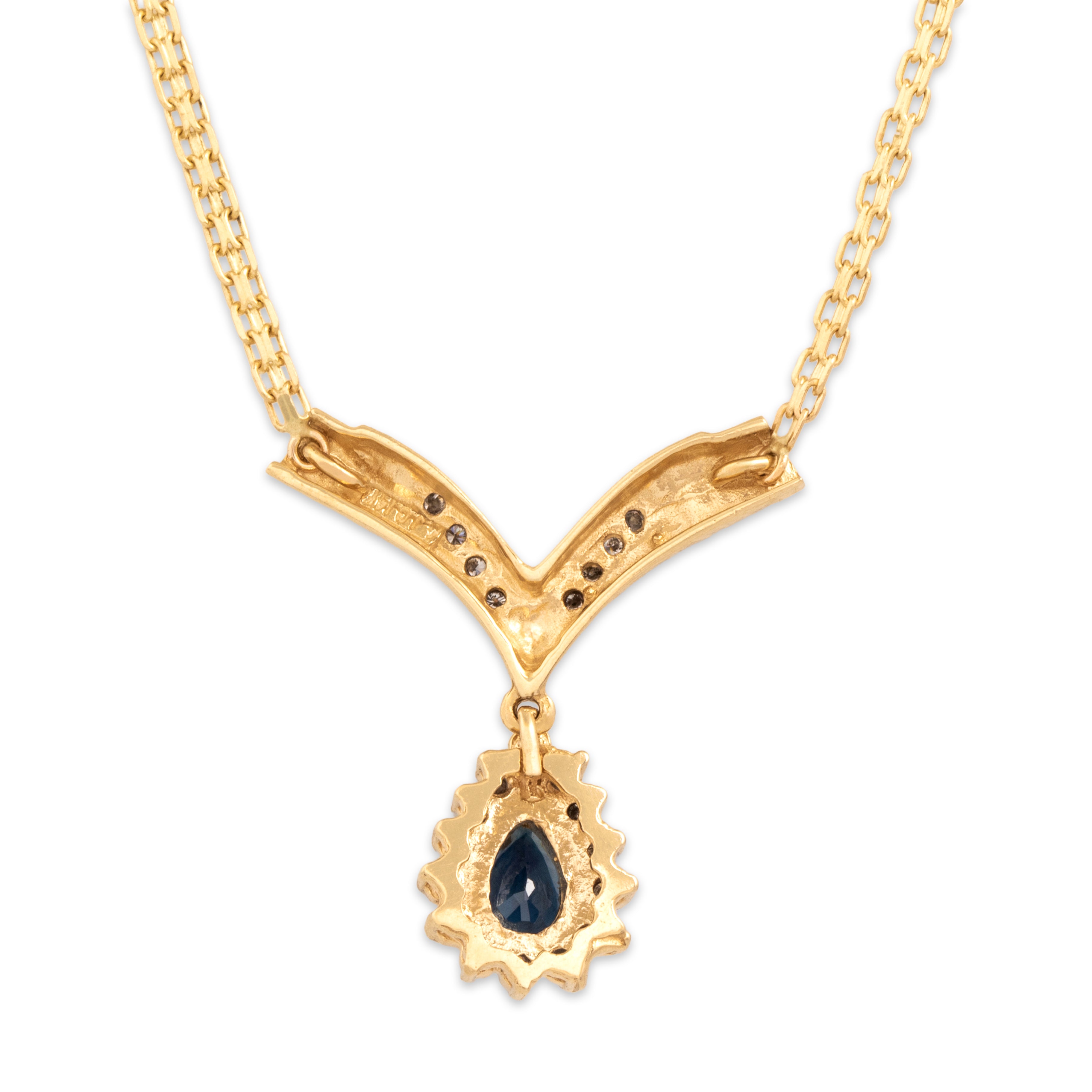 Vintage 14k Yellow Gold .54ct Dark Blue Sapphire Diamond Chic Angular Chevron Dangle Necklace - Back view