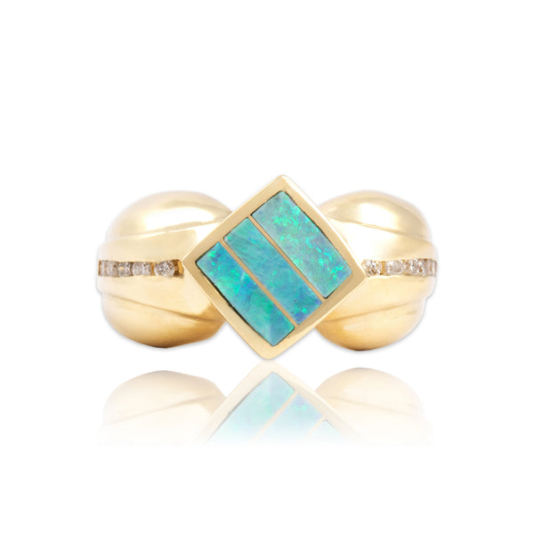 Vintage 14k Yellow Gold Opal Diamond Bold Puffy Shoulder Inlay Ring - Close-up view