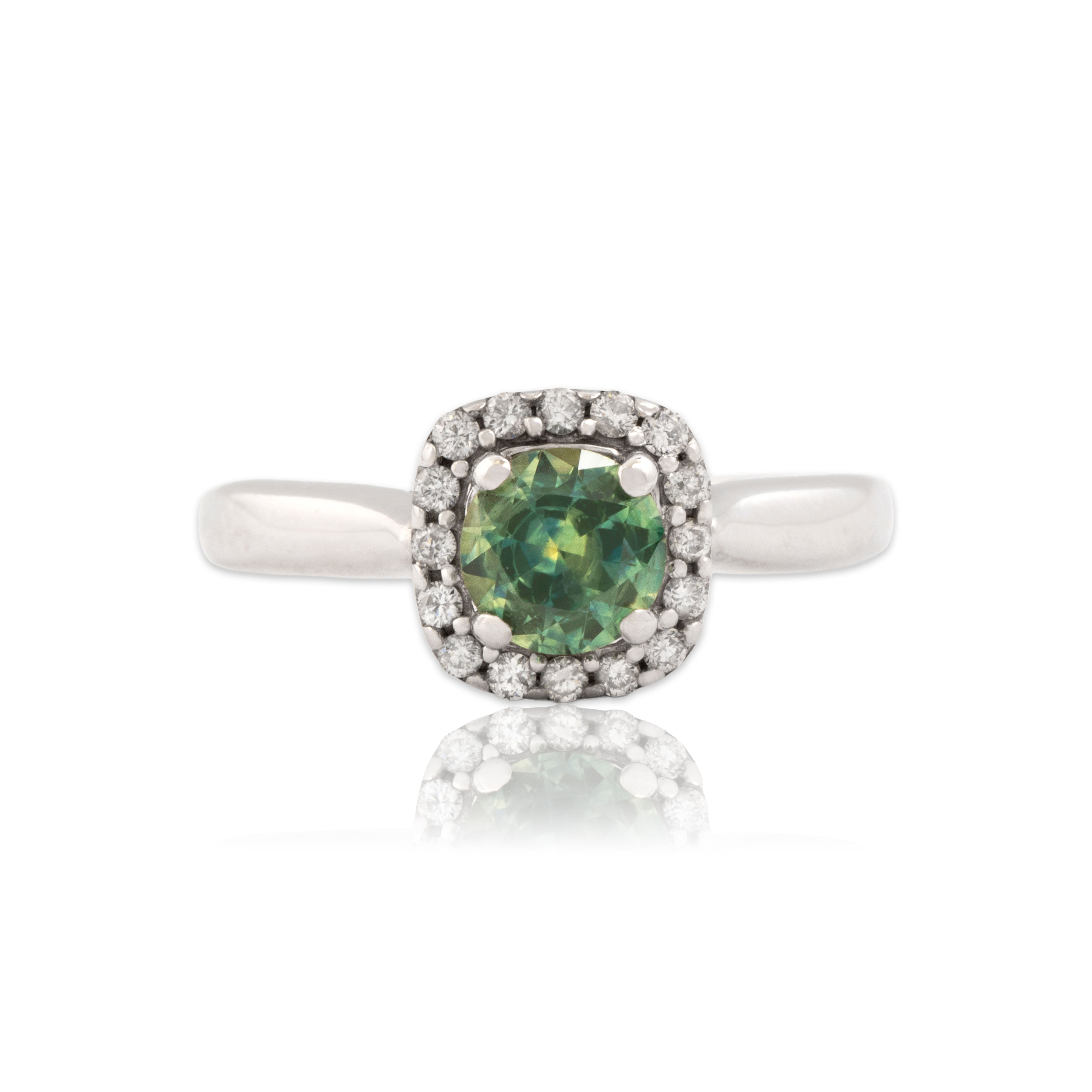 Vintage 14k White Gold .93ct Green-Blue Sapphire Diamond Cathedral Halo Ring 8.50