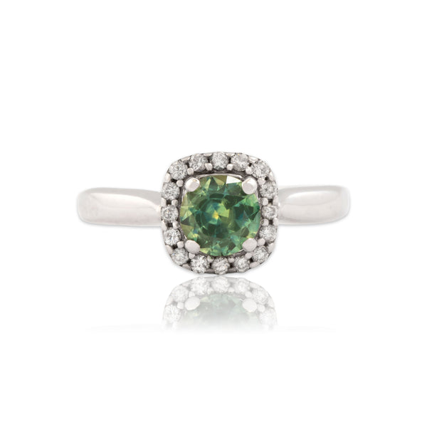 Vintage 14k White Gold .93ct Green-Blue Sapphire Diamond Cathedral Halo Ring 8.50